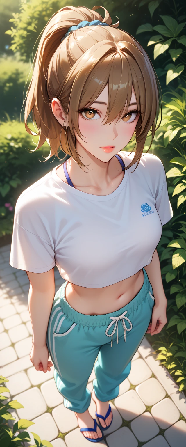 Score_9, Score_8_up, Score_7_up, Source_anime, anime art, anime style, very aesthetic, masterpiece, high quality, 1girl, pretty girls, brown hair, medium hair, ponytail, hair between eyes, (crop top t-shirt, baggy jogger pants, flip-flops), beautiful eyes, female focus, looking at viewer, ((above view)) ((close up shot)), soft light, ((solo)) detailed, very high resolution, no blurry image, (full body), standing, beautiful, serene expression, intricate details, detailed background, outdoors