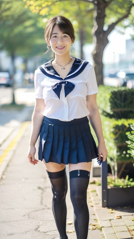 full body shot, from below,  Japanese woman with a viewing angle of,  detailed face , Facial wrinkles, Wrinkles around the eyes, smile,  Detailed Skin Textures ,  white skin,  heavy makeup ,  long hair , (curvy body, saggy breasts,  plump thighs:1.3), (earrings,  necklace, school uniform, sailor uniform, sailor collar, sailor collar ribbon,  navy blue pleated mini skirt:1.2), (black thighhighs,  is wearing high heels:1.2), (Standing on the sidewalk,  full body shot from toe to head wearing black high heels:1.2), (surrealism, best quality, ultra detailed, absolutely resolution, 8k, anatomically correct), depth of field, looking at viewer, tachi-e, (kz), (1woman), full body,  detailed face  