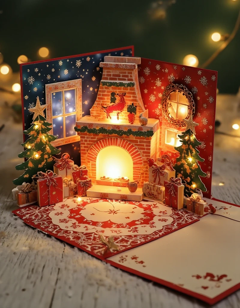 Warm fireplace, Christmas, inside a house ,Cardboard art engraving