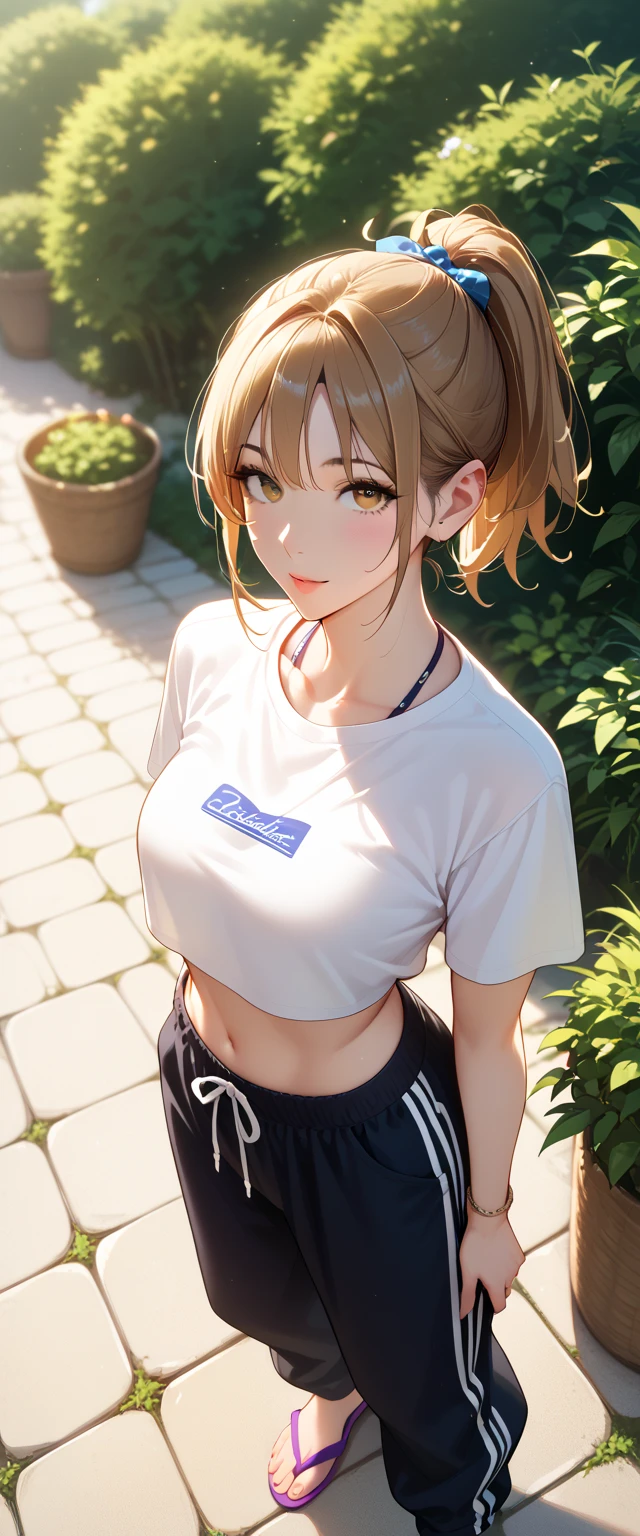 Score_9, Score_8_up, Score_7_up, Source_anime, anime art, anime style, very aesthetic, masterpiece, high quality, 1girl, pretty girls, brown hair, short hair, ponytail, (crop top t-shirt, baggy jogger pants, flip-flops), beautiful eyes, female focus, looking at viewer, ((above view)) ((close up shot)), soft light, ((solo)) detailed, very high resolution, no blurry image, (full body), standing, beautiful, serene expression, intricate details, detailed background, outdoors