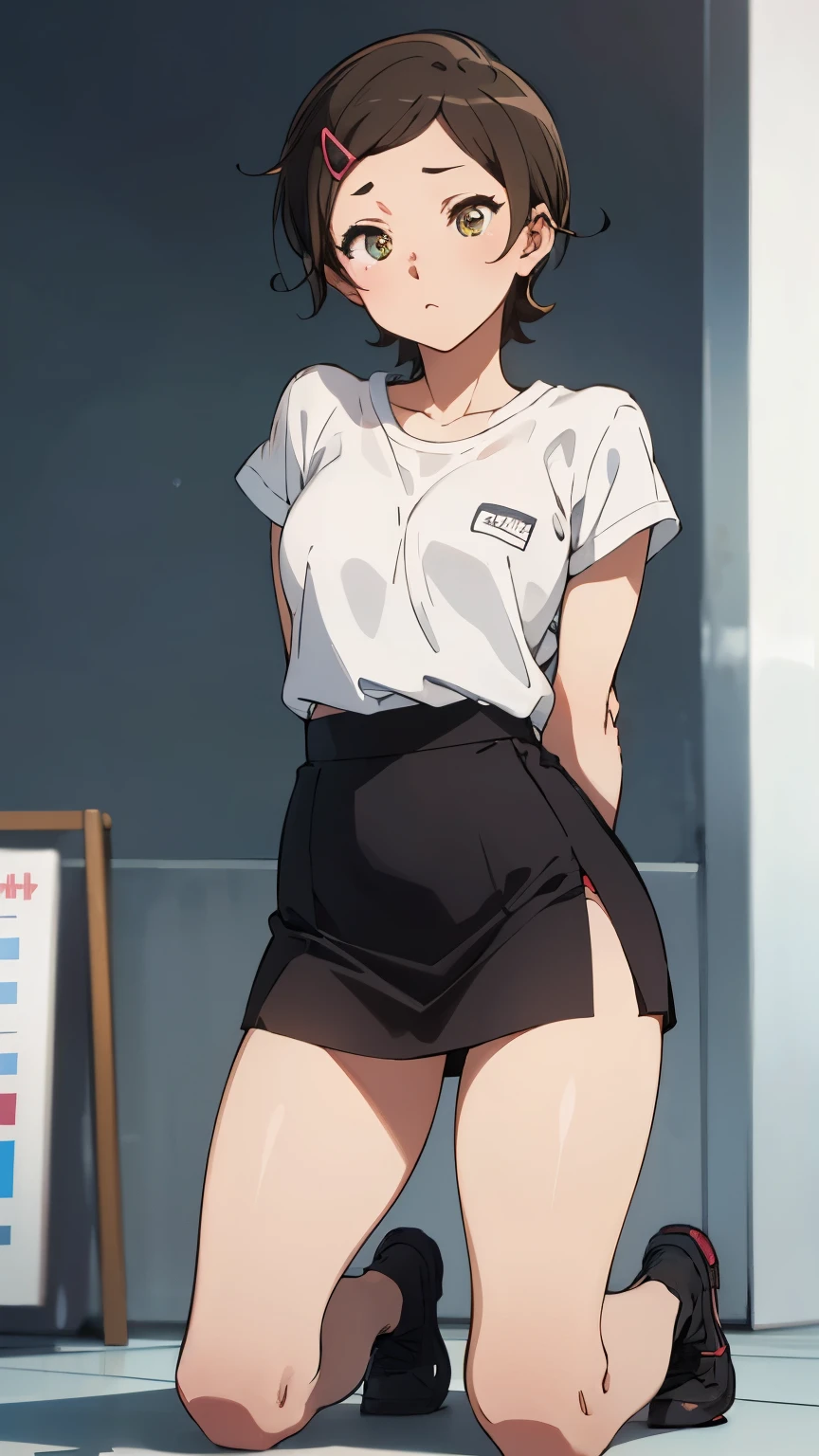 masterpiece, best quality, high quality, highres, absurdres, ultra-detailed, best anatomy, detailed eyes, perfect eyes, iwakura_mitsumi, short hair, bob cut, black eyes, small pupils, black hair, solo, 1girl, smile, skirt, shirt, , white shirt, pleated skirt, necktie, shoes, socks, blue skirt, brown footwear, red necktie, black socks, loafer, Leaning with one elbow on an invisible ledge, upskirt focus view, blue striped panties, wet panties, skirt lift, shy
