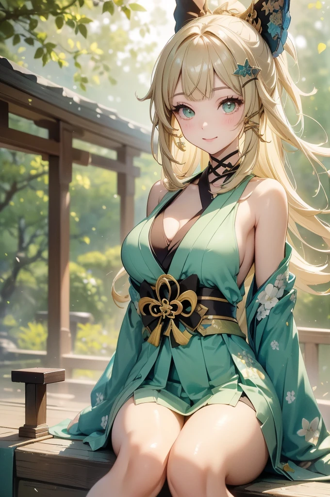 ((kiraradef)):1.5,((masterpiece,highest quality,Highly detailed images,Beautiful images))(kirara images,Japanese garden、Ornamental pond、Fun pose、Bright natural light throughout、Backlight、A fantastic atmosphere、Dust flutters)1.3、(large breasts、sideboob, Exposing shoulders、Exposing your belly):1.2(smile)1.1(Remodeling Kimono、Separate top and bottom、Knee-high socks、Absolute area)
