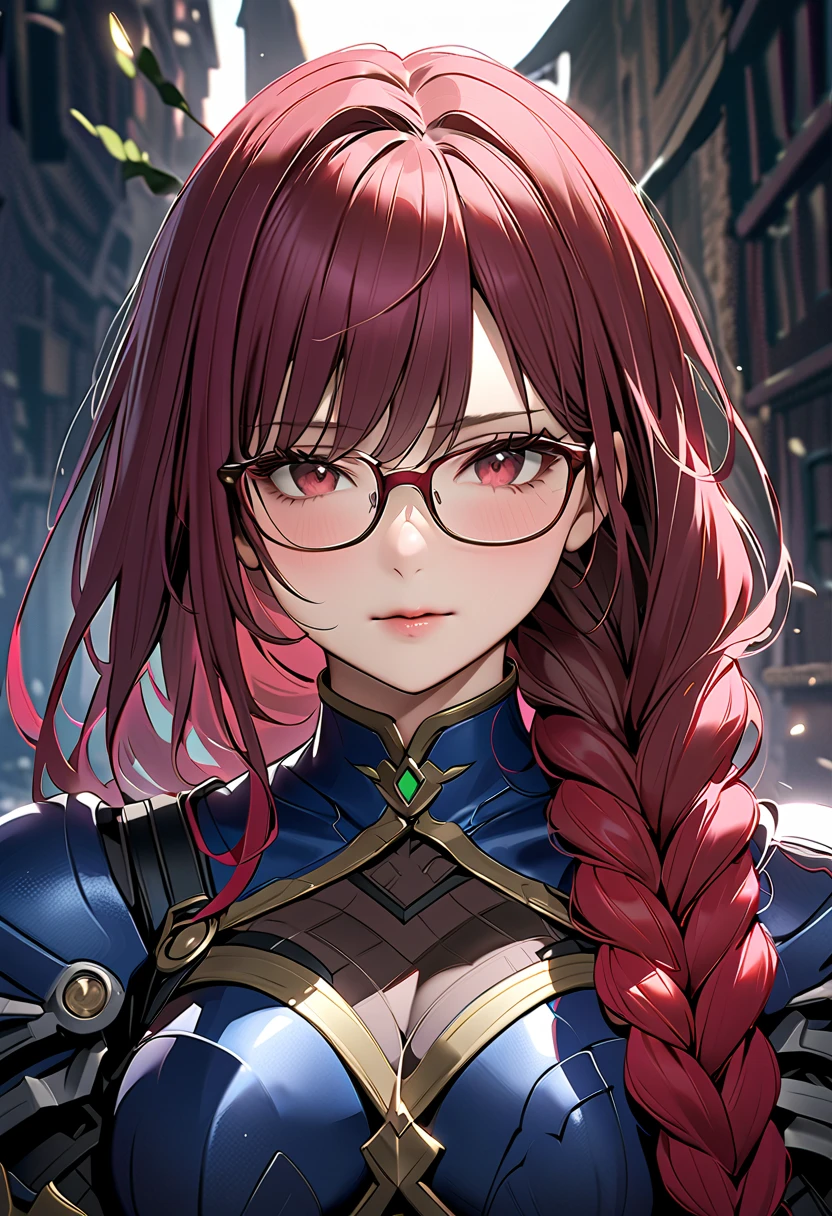  top quality、 unity 8k 壁紙 、32K、  Masterpiece 、  very detailed with crimson hair、  super high resolution 、  very detailed with crimson hairな顔、 RAW photos 、 professional 、((( dark-haired valkyrie )))、(((Long hair held together in braids)))、The face of a girl who seems to be mature、Glasses、dark blue armor 