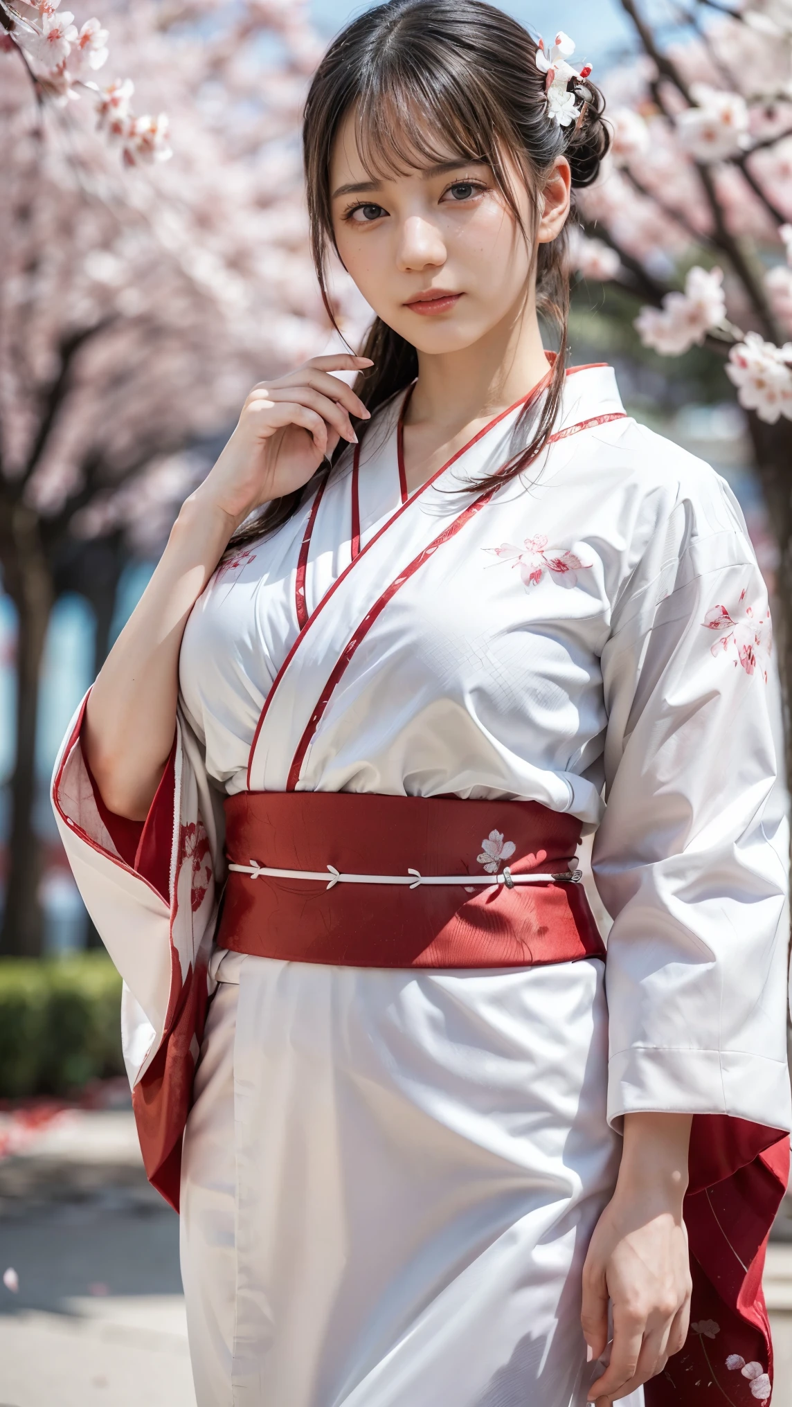 ((a beautiful woman in a white and red kimono)), (cherry blossom petals swirling around her), dynamic pose, ((large breasts)), red ribbon in her hair, (best quality,4k,8k,highres,masterpiece:1.2),ultra-detailed,(realistic,photorealistic,photo-realistic:1.37),vivid colors,studio lighting,bokeh