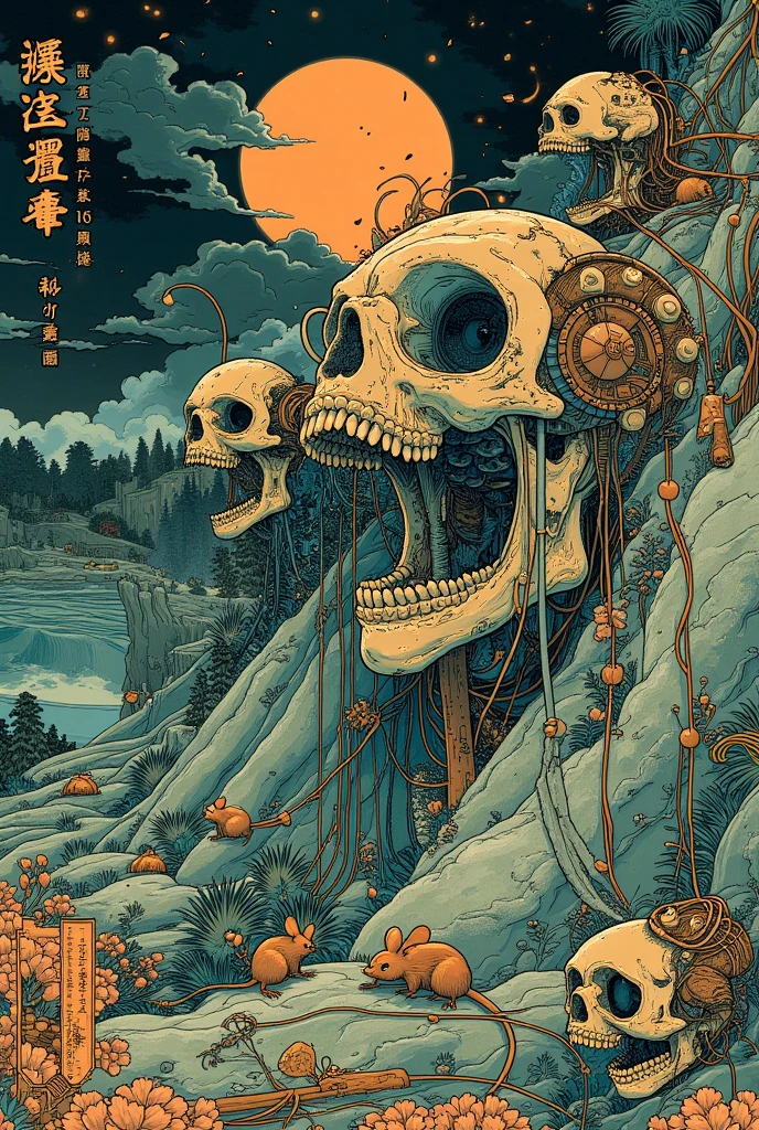  has pictures of skulls and mice、 Ukiyo-e、The album cover by John Barker 、Detailed cover art、CD cover artwork
