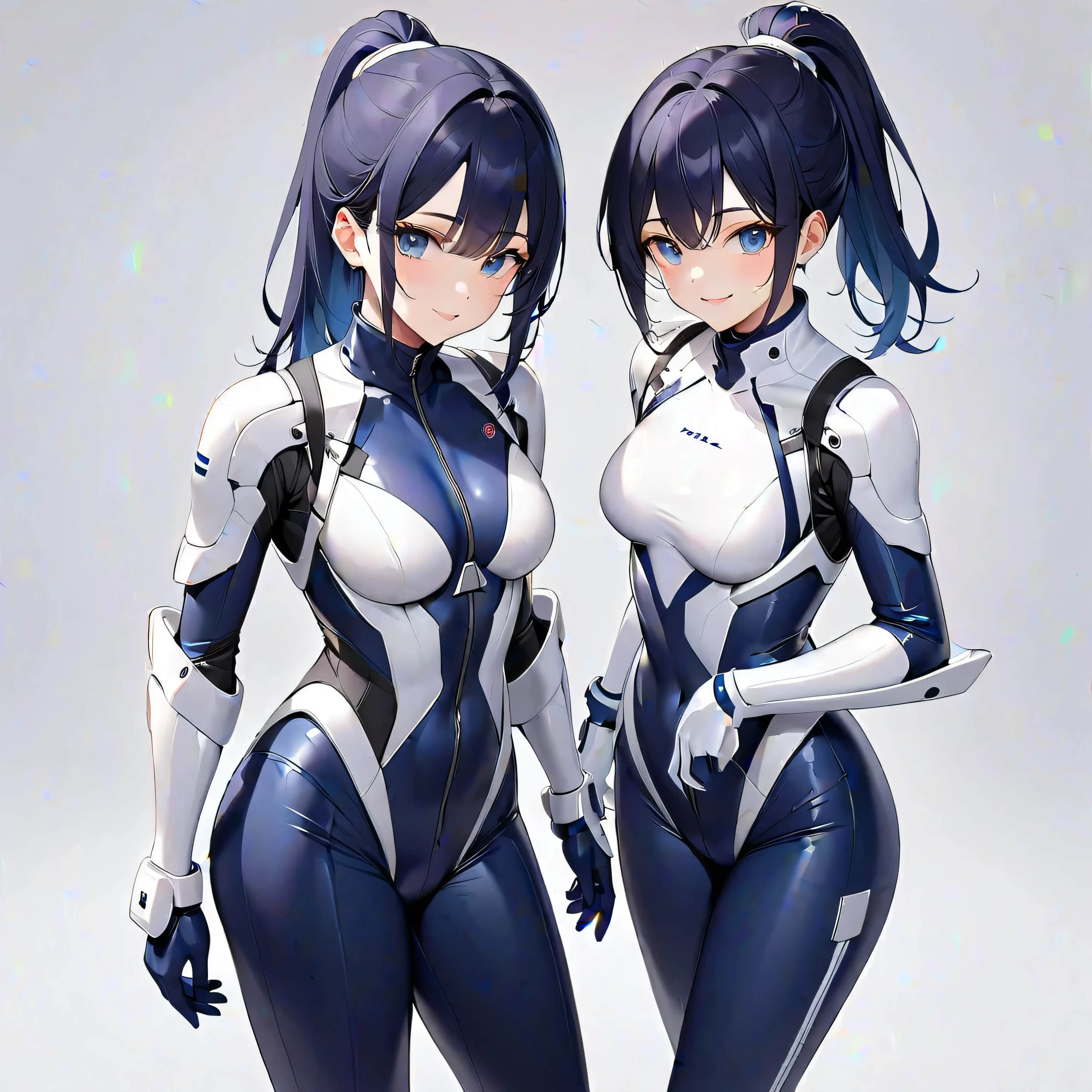 2girls, blue ees, purple hair, very short hair, large breasts, hourglass figure, bodysuit, black bodysuit, neon, neon trim, machinery, tech, science-fiction, futuristic, standing, full body, ((full body)), pantyhose,
