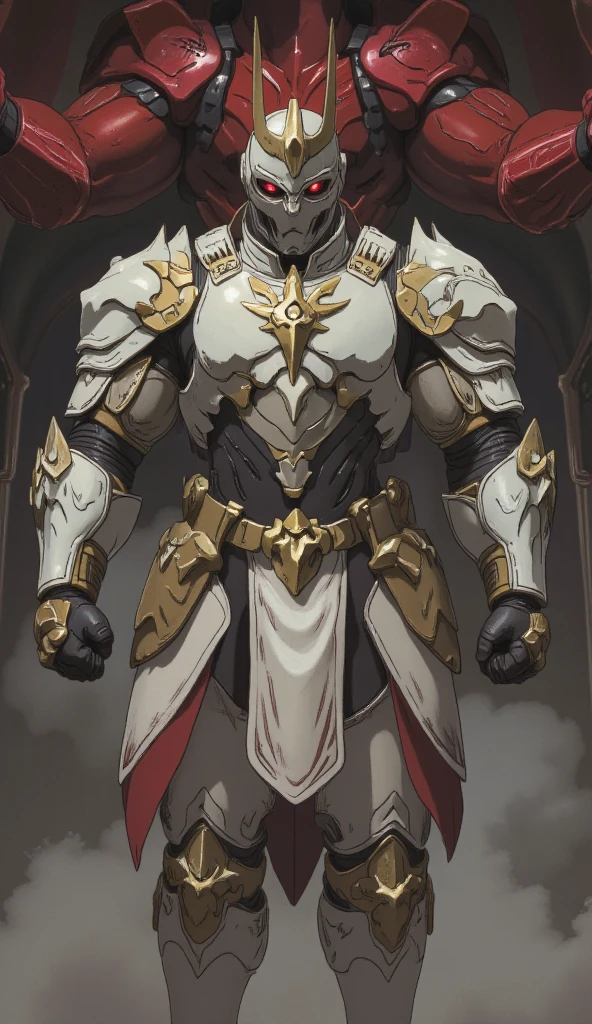  is possessed by a demon, a holy knight commander.A full-body image of an adult male . muscular body .Wear white gold holy knight armor. Eyes Deep Red . standing inside a mysterious black and red church.Bold composition 