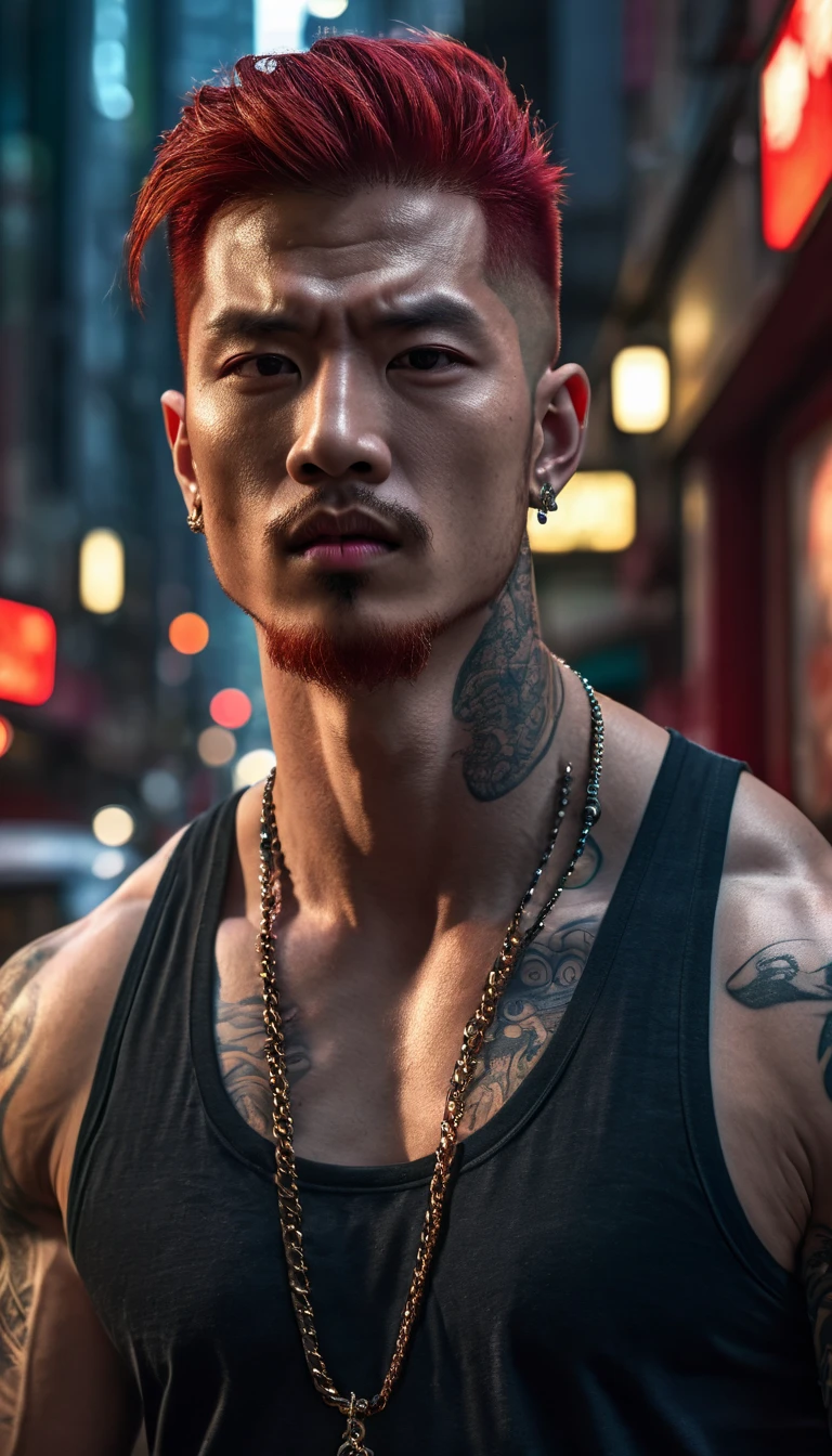 The image displays a PHOTOREALISTIC tattoo parlour with a NEON light sign that reads "Broski Tats" behind them. It also features a man who RESEMBLES cs Wonho getting a neck TATTOO, studio lighting, TATTERED clothing, eyelids closed, mouth agape in pleaee.