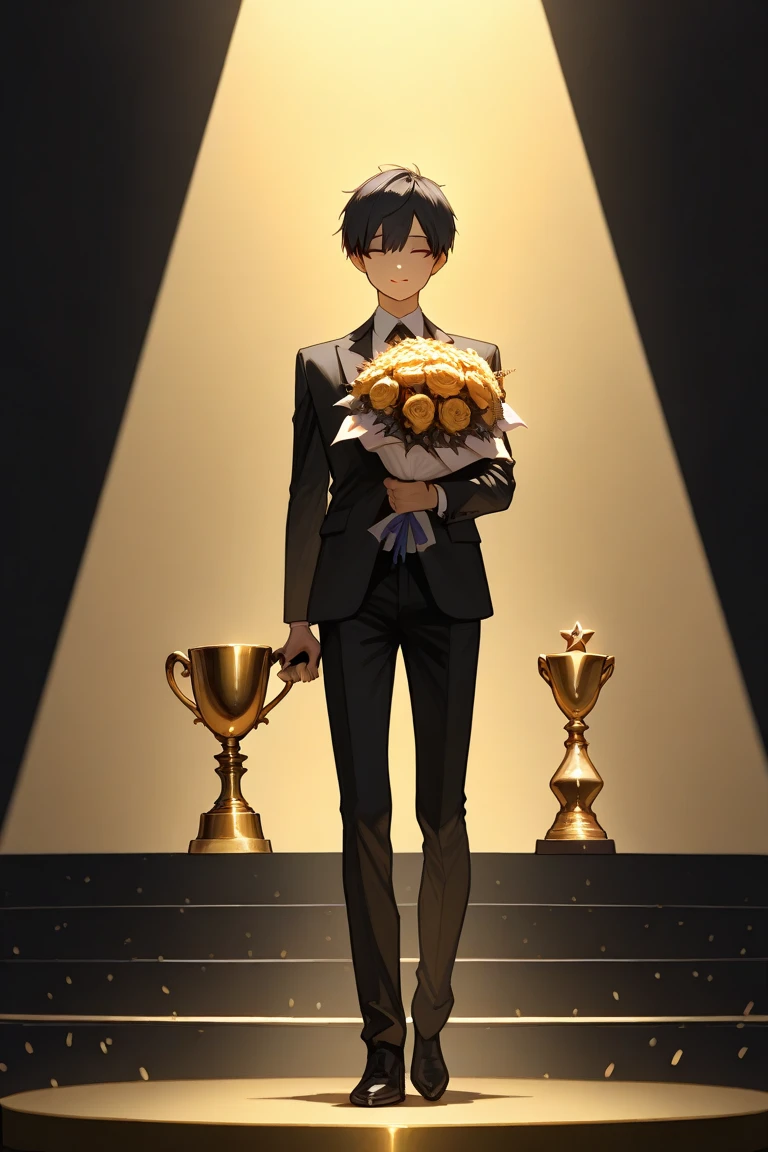 ((Best quality)), ((masterpiece)), (detailed), ((perfect face)), 10 old boy, short boy, short leg, black hair, 150 cm tall, standing alone on an awards ceremony stage, full body, spotlight, Wear a suit, (((left hand Holding a golden trophy and right hand holding bouquet))) , ceremony stage, (((on the stage))), spotlight (distant view:1.5)