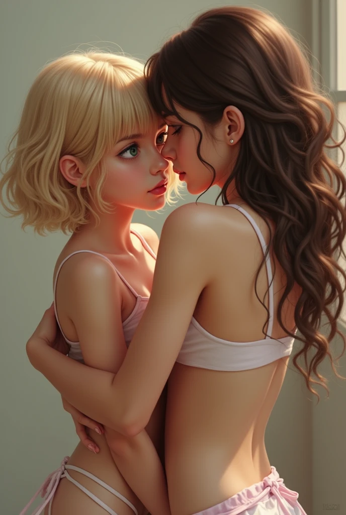 Female lover in kissing, 2 lady, naked shirt female kissing in the bed, press to bed and kiss, (SFW) Work, kissing together cutely, Girls Love Art, OPPEIN, Slightly saggy big breasts, small breasts, (((Extra long blonde wavy hair))), (((Brown shoulder-length straight hair))), (girl love hug), (girl love kiss), /touch her clothes, /touch her breasts, The mouth is very detailed, detailed face, beautiful face, real detail skin, safe for work version, Octane Render, detailed background,