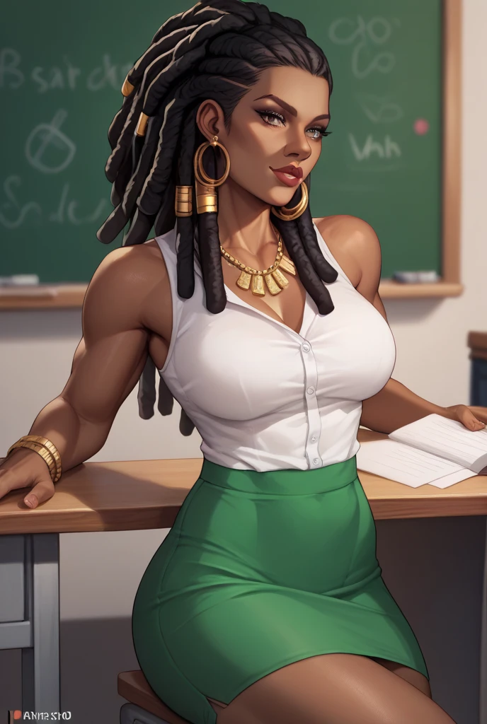 37 years old black lady, thin dreadlocks, white sleeveless shirt, long green skirt, teacher, stone necklace, athletic, beautiful