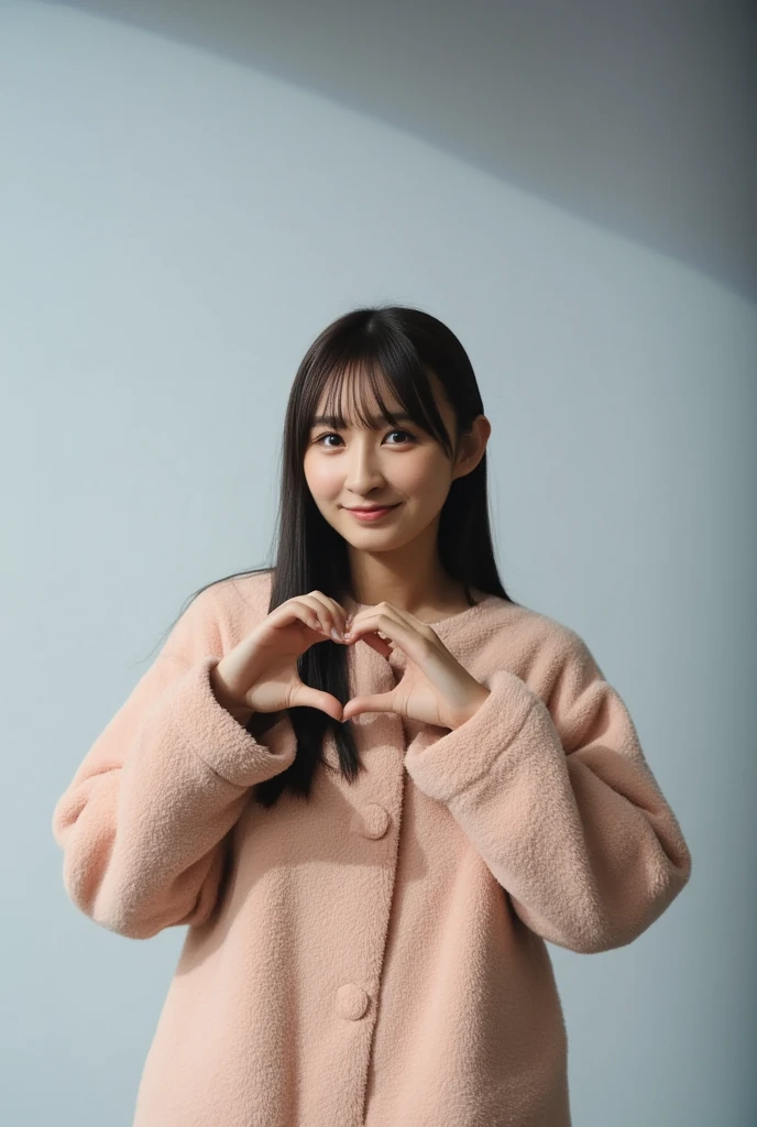 Only one woman with a cute smile wears cute, fluffy off-shoulder pajamas, makes a big heart shape with both hands, and poses them in front of her chest, View above collarbone、The background is a monotone 

