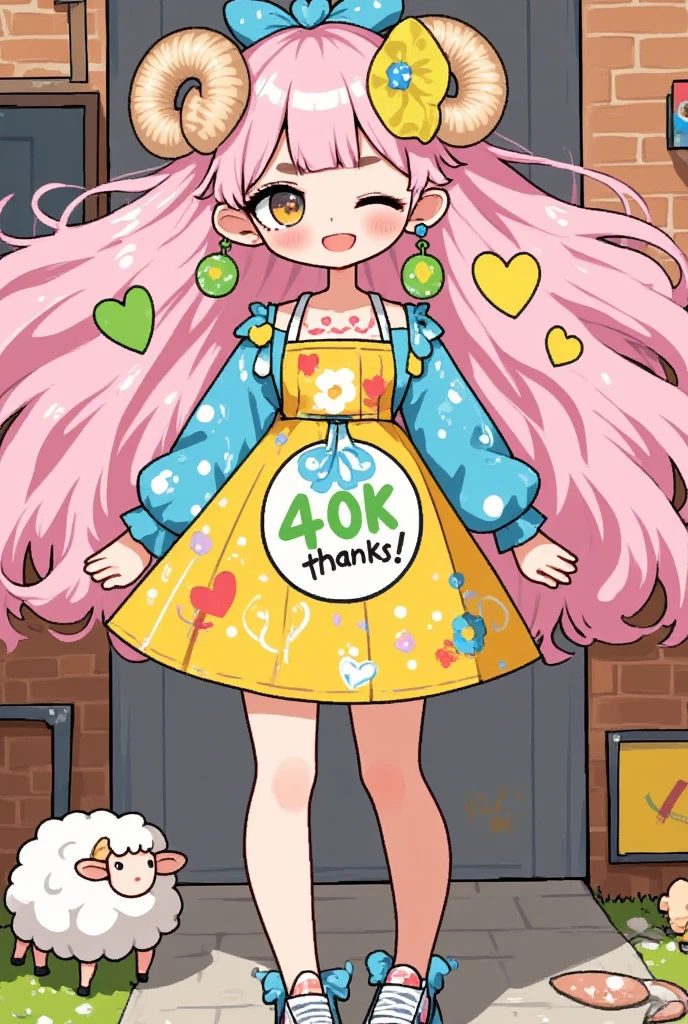 (UHD, masterpiece:1.3, anatomically correct:1.2, super detail, high details, best quality,  highres icon:1.3), 1girl, Pink hairy long hair,  thick eyebrows:1.3, Sheep&#39;s round horns, Girly Style, Laugh mischievously stick out your tongue , Bright expression,  sneakers, ( write letters with green spray on a brick background: "40k thanks"),  earrings, Poster/ Magazine Illustration Style Effects ,  modern minimalist illustration of writing letters in green spray, Flappy Sheep Picture 