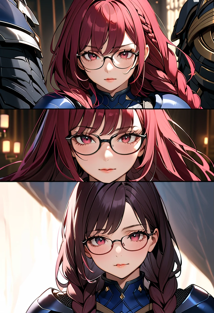  top quality、 unity 8k 壁紙 、32K、  Masterpiece 、  very detailed with crimson hair、  super high resolution 、  very detailed with crimson hairな顔、 RAW photos 、 professional 、((( dark-haired valkyrie )))、(((Long hair held together in braids)))、The face of a girl who seems to be mature、Glasses、dark blue armor 