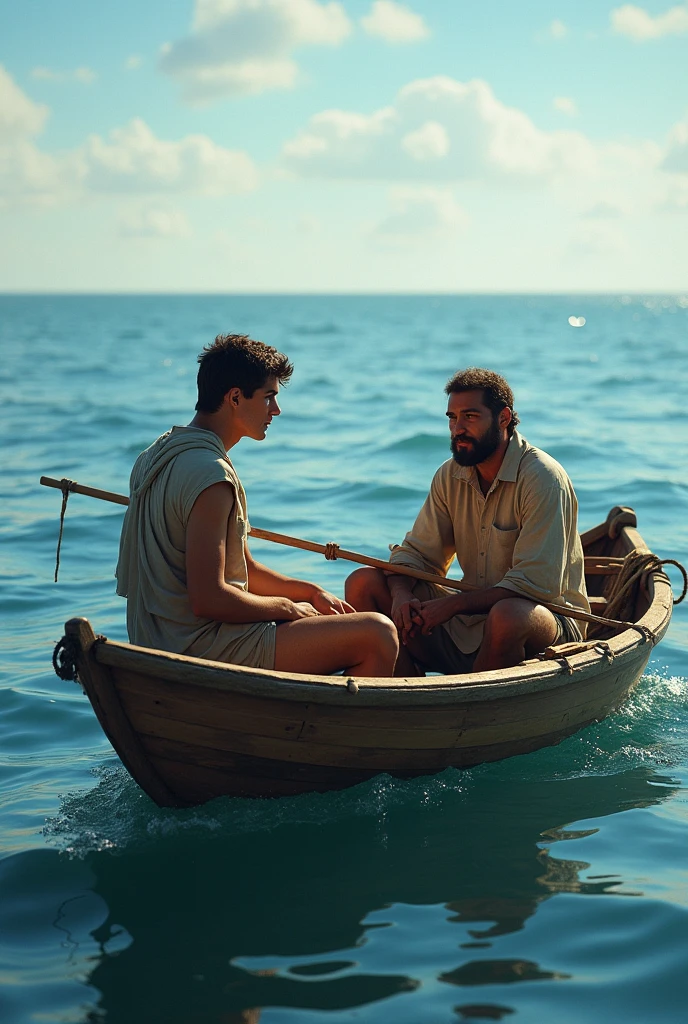 Two brother fishermen in the 1st century, James and John, working together on a simple boat in the Sea of Galilee at dawn, wearing traditional clothing of the time.