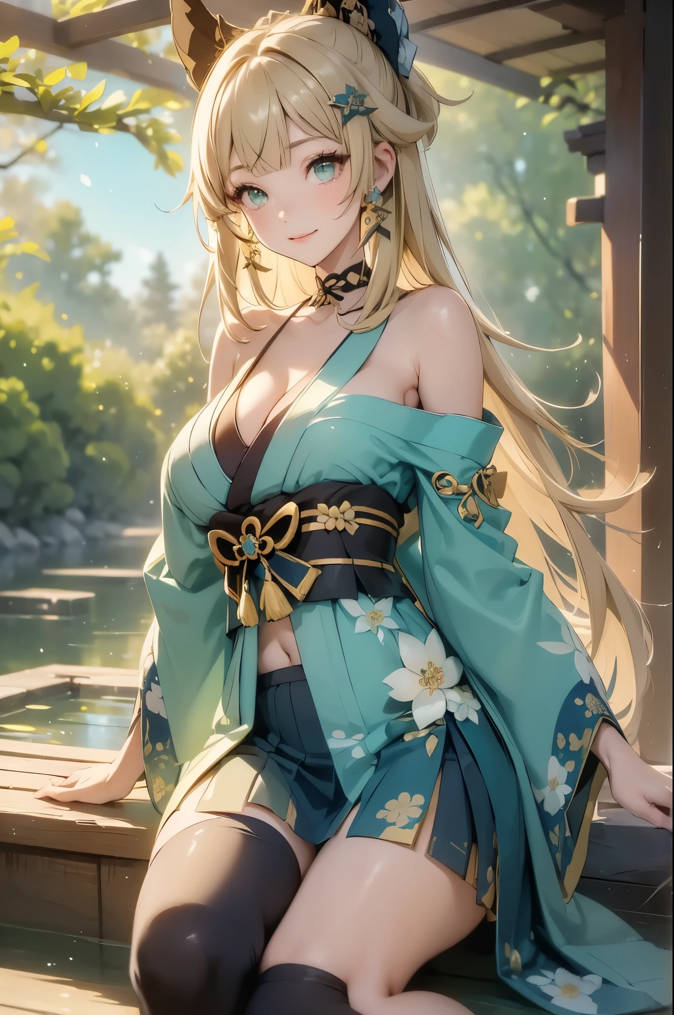 ((kiraradef)):1.5,((masterpiece,highest quality,Highly detailed images,Beautiful images))(kirara images,Japanese garden、Ornamental pond、Fun pose、Bright natural light throughout、Backlight、A fantastic atmosphere、Dust flutters)1.3、(large breasts、sideboob, Exposing shoulders、Exposing your belly):1.2(smile)1.1(Remodeling Kimono、Separate top and bottom、Knee-high socks、Absolute area)
