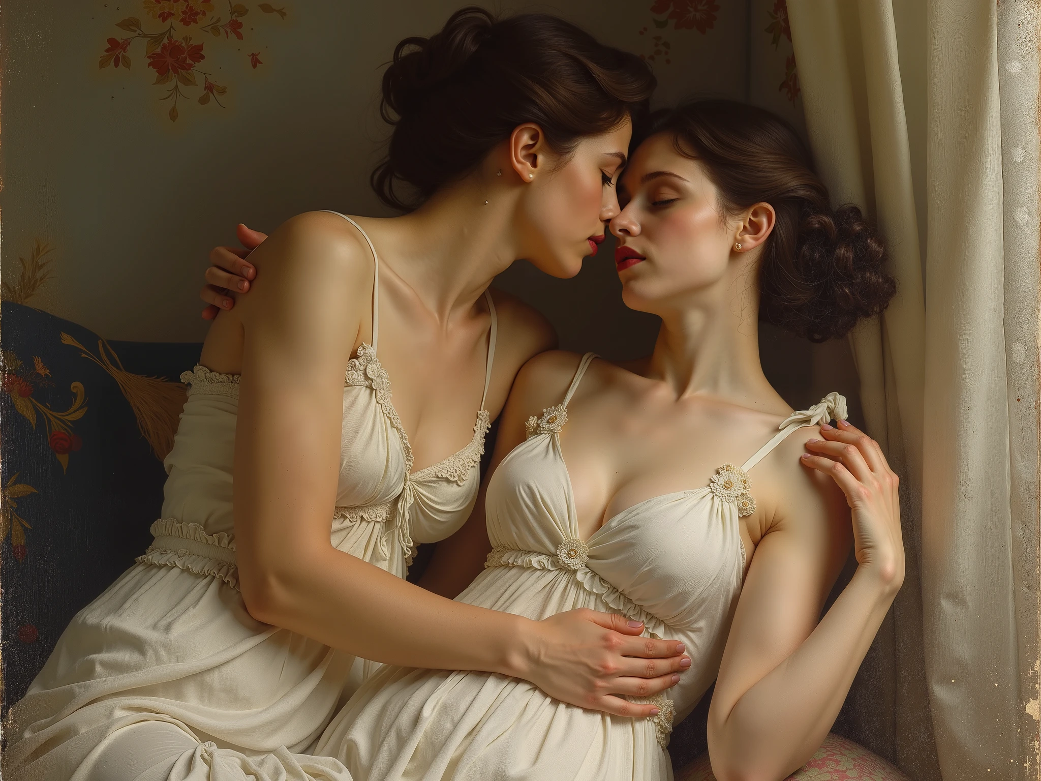 girls loving each other, about to kiss, realistic, maid white and black dress, in bed, hot