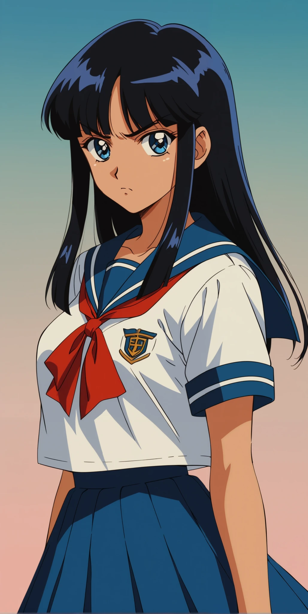 Young woman drawn in 80’s anime art style. 
Retro anime   . Vintage Anime. Classical Anime. 
Black HAIR
Hime Cut Hair
(Round and Circle eyes)
(Blue eyes)
(Medium Sized Eyebrows)
(Tan Woman)
(Medium Breast)
Annoyed

She is wearing a sailor fuku (セーラー服, sērā fuku, sailor outfit) is a common style of uniform worn by women, traditionally by high school female students. 

The uniform generally consists of a blouse attached with a navy blue sailor-style collar and a long pleated skirt.

A ribbon is tied in the front and laced through a loop attached to the blouse. The color is the ribbon is typically red.

School Uniform color is fully navy blue.
The color of the blouse and shirt are navy blue and the color of the bottom pleated skirt is navy blue. 

(Raindrops) (Rainy Sky) (School) (Solo)