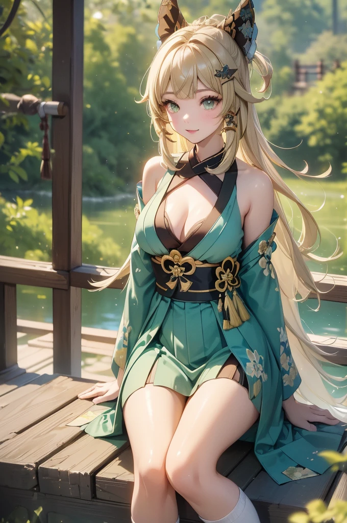 ((kiraradef)):1.5,((masterpiece,highest quality,Highly detailed images,Beautiful images))(kirara images,Japanese garden、Ornamental pond、Fun pose、Bright natural light throughout、Backlight、A fantastic atmosphere、Dust flutters)1.3,(kirara:Full body image)、(large breasts、sideboob, Exposing shoulders、Exposing your belly):1.2(smile)1.1(Remodeling Kimono、Separate top and bottom、Knee-high socks、Absolute area)
