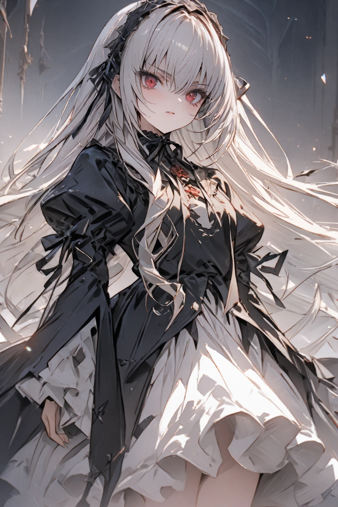 ((((masterpiece)))), ((((Best Quality)))), whole body,High resolution,4K,8k,, Rozen Maiden,suigintou,fine grain,Detailed face,action、so beautiful、Beautiful Skin、Beautiful and detailed eyes、