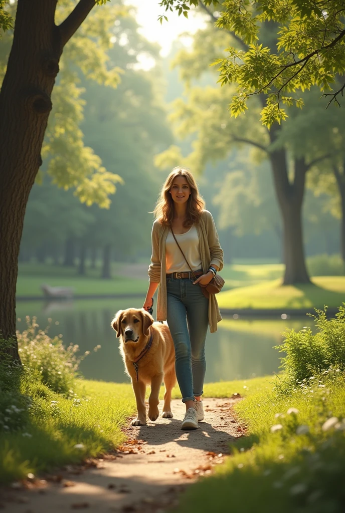 Woman taking a Golden Retriever dog to a realistic park without love