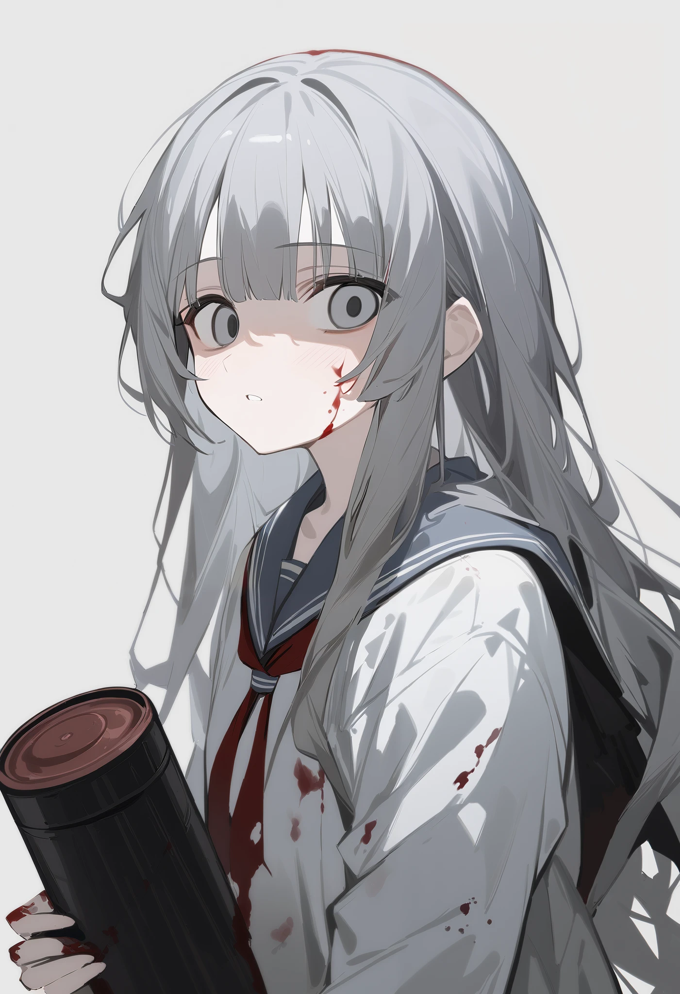  1 girl,  unique ,  teenage girl, Gray shoulder-length hair， gray eye with blood stains，Medicine can in hand ，  messy hair , Long bangs, pale,  big eyes, Perseverance,  permanent, (School Uniform), ( grey background,  Simple background ), Upper body, masterpiece,  best quality 