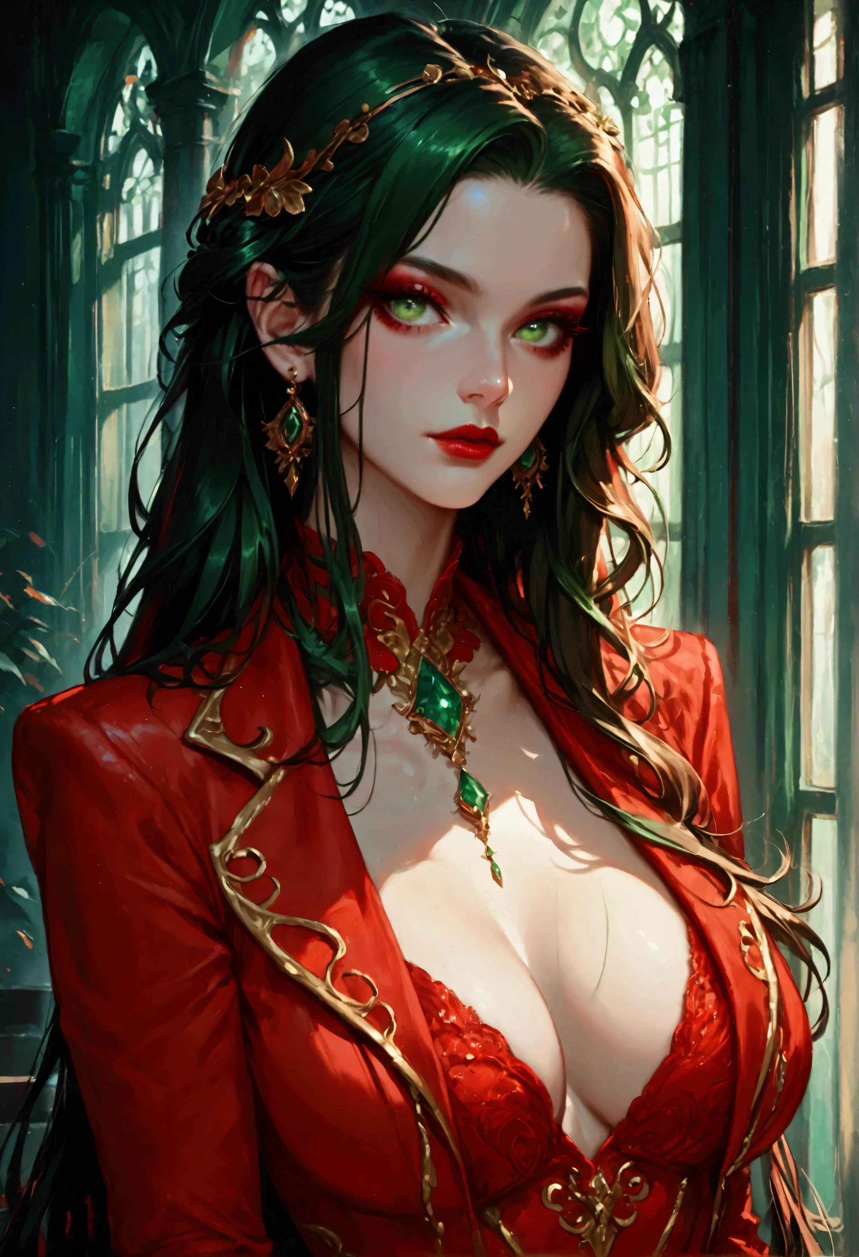 score_9, score_8_up, score_7_up, score_6_up, score_5_up, score_4_up, Arafed, a portrait of an vampire woman, exotic beauty, long hair, dynamic color, (emerald green eyes), dark red lips, glamour shot, she wears an (red: 1.3) elegant suit, high heel boots, full body shot, 16k, ultra detailed, masterpiece, best quality, (extremely detailed), arafed, dnd art Cinematic Shot