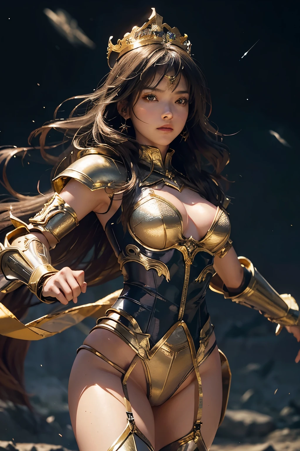 fully body photo，（best qualtiy）， （1girll）， starryskybackground, crown, Wearing shiny gold armor， Sexy lingerie type armor，Expose your chest，Expose the waistline，Exposing thighs，(((martial art))), cool-pose， Saint Seiya Armor， messy hair，high detal, Cinematic lighting, Sparkle, god light, Ray traching, filmgrain, hyper HD, textureskin, super detailing, Anatomical correct, A high resolution，Ultra-high saturation，hight contrast，High-gloss armor，，Serious expressions