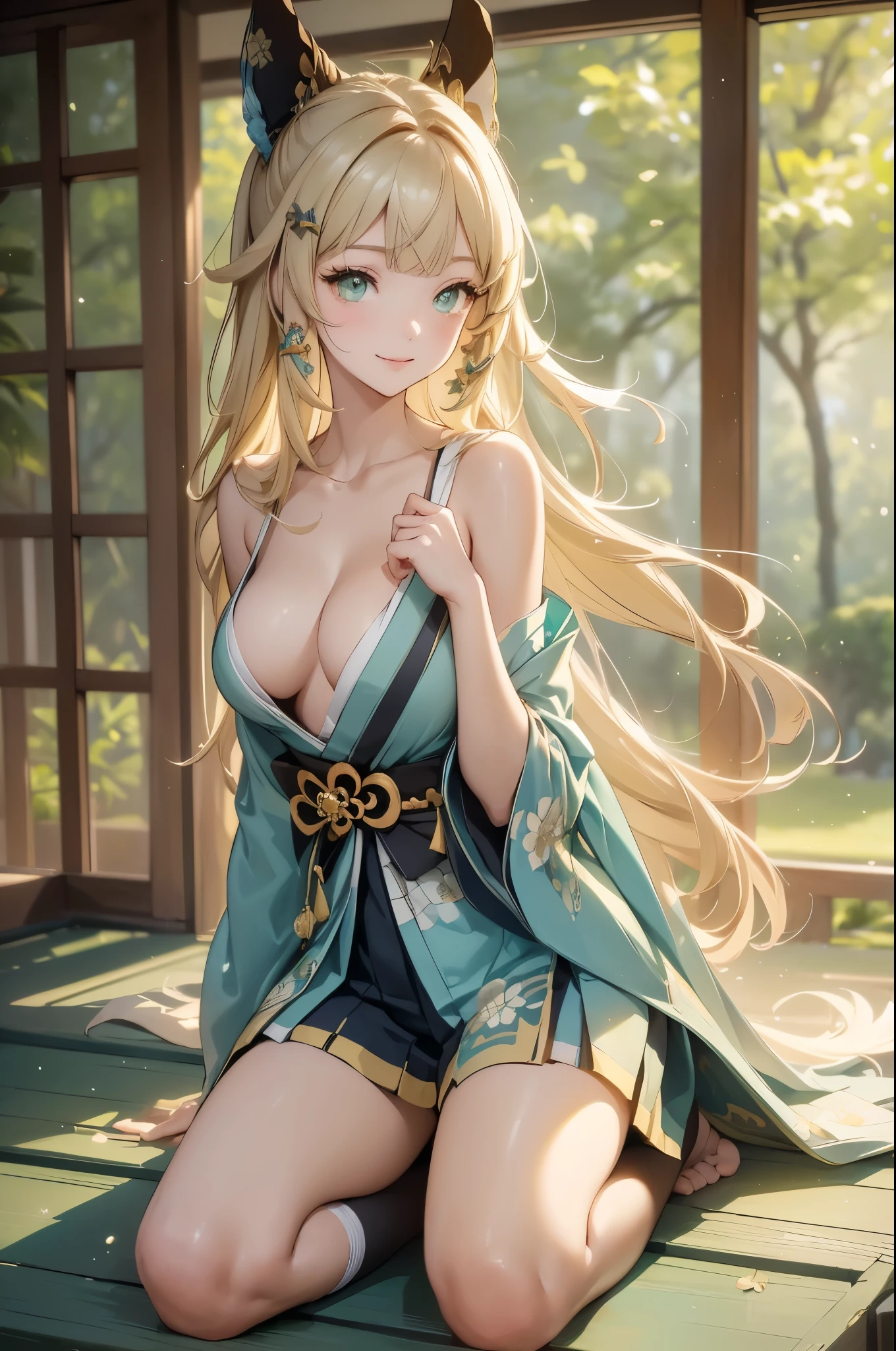 ((kiraradef)):1.5,((masterpiece,highest quality,Highly detailed images,Beautiful images))(kirara images,Japanese garden、Ornamental pond、Fun pose、Bright natural light throughout、Backlight、A fantastic atmosphere、Dust flutters)1.3,(kirara:Full body image)、(large breasts、sideboob, Exposing shoulders、Exposing your belly):1.2(smile)1.1(Remodeling Kimono、Separate top and bottom、Knee-high socks、Absolute area)
