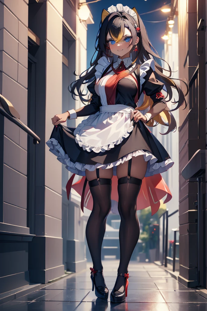 a cute solo girl ,dehyadef,wearing a japan maid dress ,short pants ,short under dress ,black stockings,maid shoes,face red and embarrassed,smile ,standing on platform sexy pose ,in a downtown city at night time , full body .