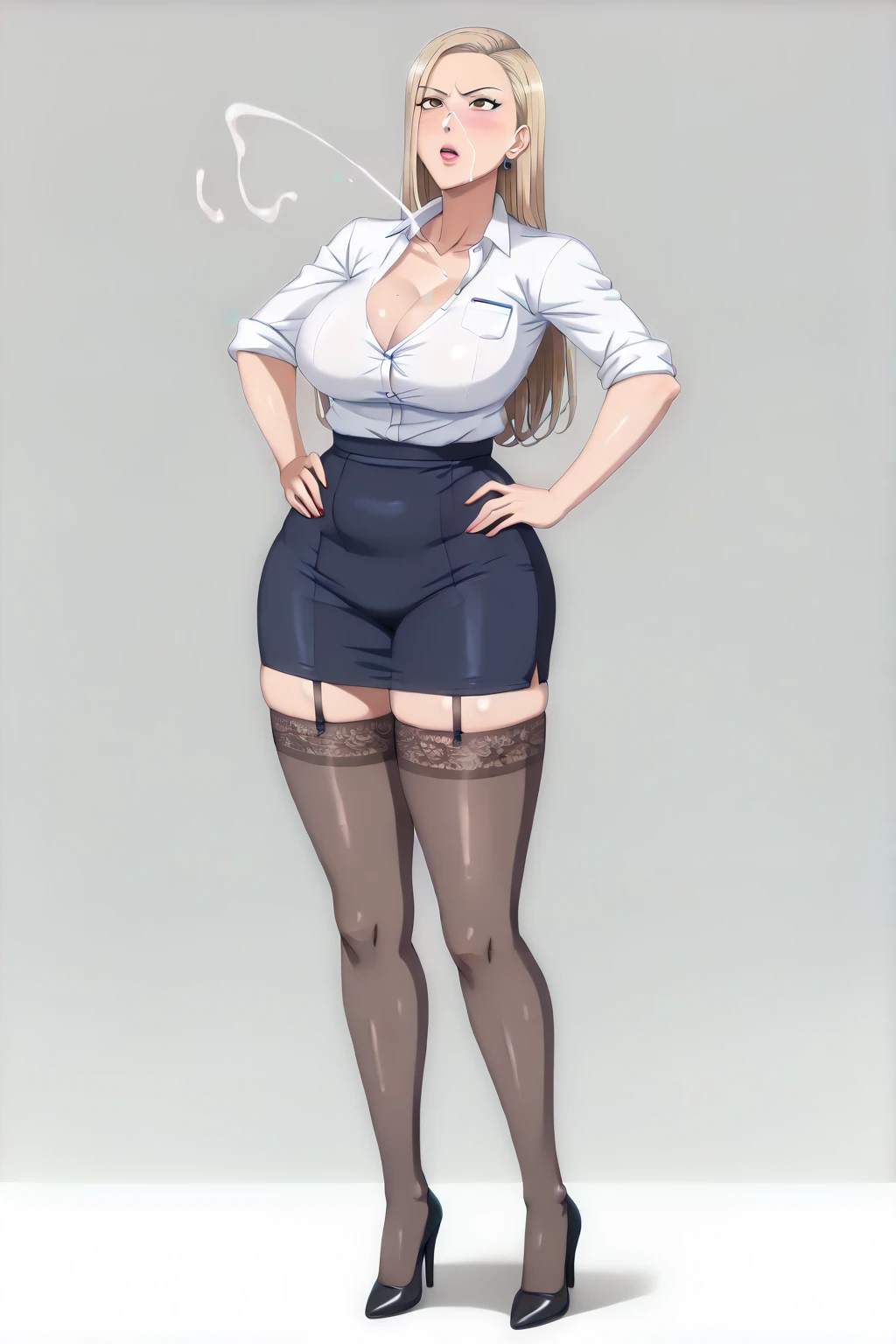 *(The beautiful secretaries standing facing the front wear black stockings with semen on them and are fully dressed in super short OL uniforms), (Scenes where beautiful secretaries are angry :1.2), (Light Gray Background),  Detailsは次の通り,  Thank you for generating 。*,

quality;{ Masterpiece , Ultra-realistic, 最高のquality,  high image quality,  Details,  high definition , 8k, 超 high definition , Realistic color saturation , プロフェッショナルquality,  perfect contrast ,  perfect lighting, 素晴らしいquality, Light gray background , },

composition;{(被写体から離れたcomposition:1.2), ( shot looking up slightly from the front :1.4), Light gray background , School desk only , (My big penis ejaculated a lot :1.4), (Full body shot from face to ankles:1.2), ( Perfect Anatomy:1.4), Beautiful Secretaries Are 22 and 24 Years Old },

The appearance of beautiful secretaries ;{(Reina Kurashiki's face :1.2),  eyelash ,  dark brown eyes,  steam,  long blonde hair,  silver long hair ,  Wheat-colored Burned Skin ,  perfect skin,  clean skin, first round, A woman with a short upper body,  version,  model body type,  hyperbrest,  cleavage, sweat, Very curvaceous,  has a thin waist,  double piece,  Wide Hips,  huge ass,  steam, Very wide thighs, ( very long legs :1.4), (Plump legs:1.2), ( beautiful secretary rolls up her arms ), Perfect breasts, Perfect Arms, (Perfect Legs)},

 subject clothing ;{ ( The beautiful secretary wears a white shirt with her arms rolled up, a tight miniskirt, black stockings, and high heels:1.6), (Black pantyhose with transparent skin ), ( High Waist Tight Miniskirt Very Short :1.2), (The beautiful secretaries have beige soles only and high-heeled black high heels), ( it is a beautiful secretary's duty to wear garter stockings and high heels :1.4) ,}