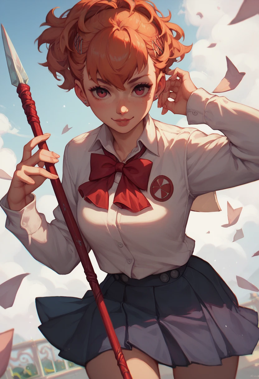 Girl, long sleeves, school uniform, spear, cool posing, anatomy, good anatomy, perfect anatomy, female anatomy, Kotone Shiomi