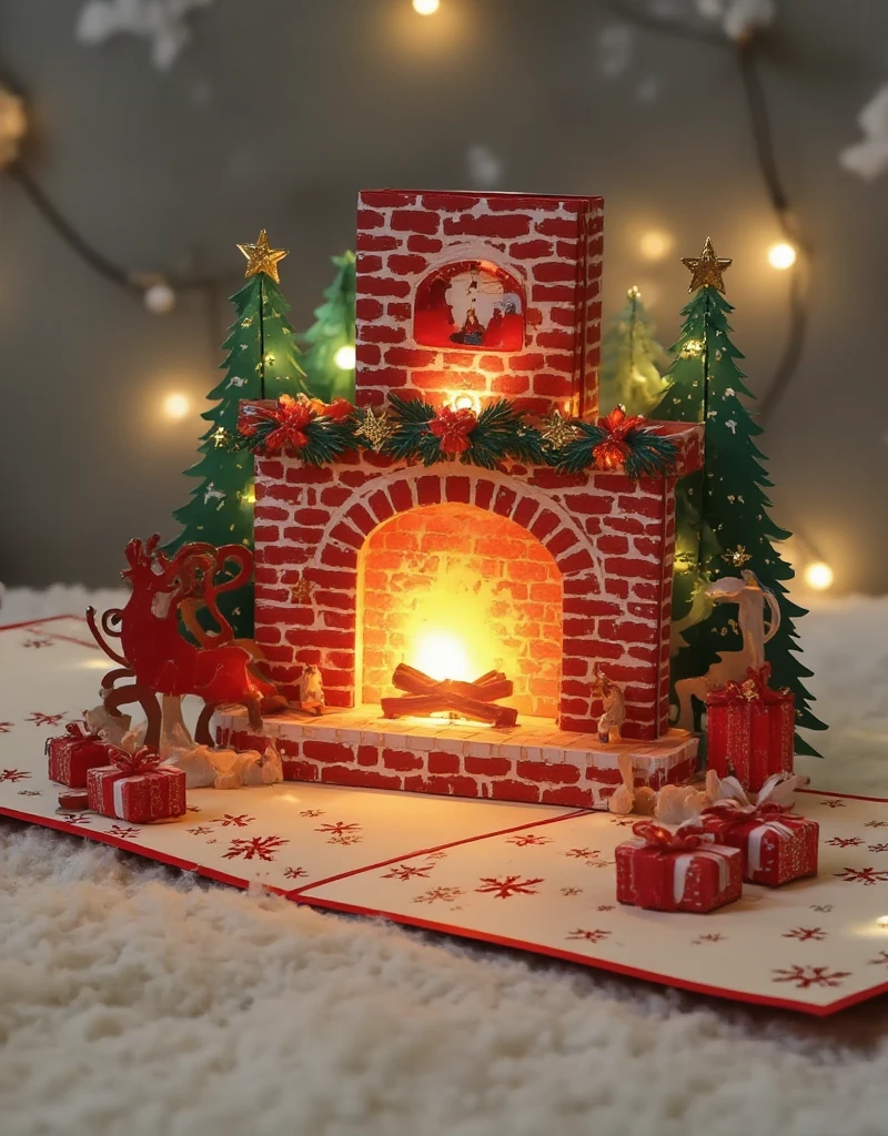 Warm fireplace, Christmas, inside a house ,Cardboard art engraving