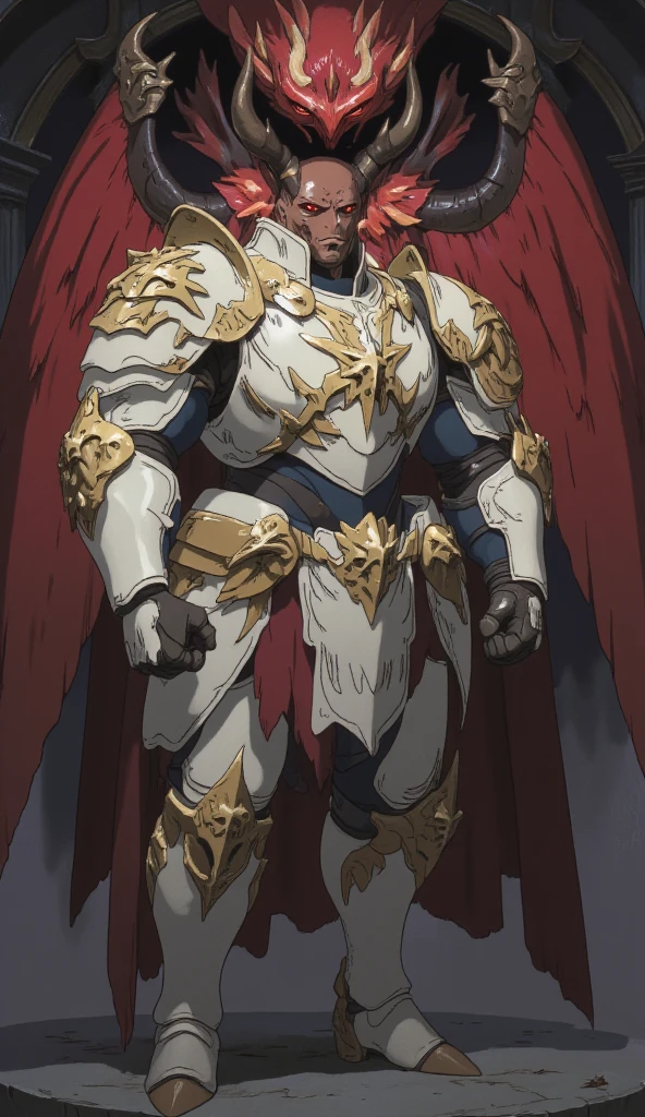  is possessed by a demon, a holy knight commander.A full-body image of an adult male . muscular body .Wear white gold holy knight armor. Eyes Deep Red . standing inside a mysterious black and red church.Bold composition 