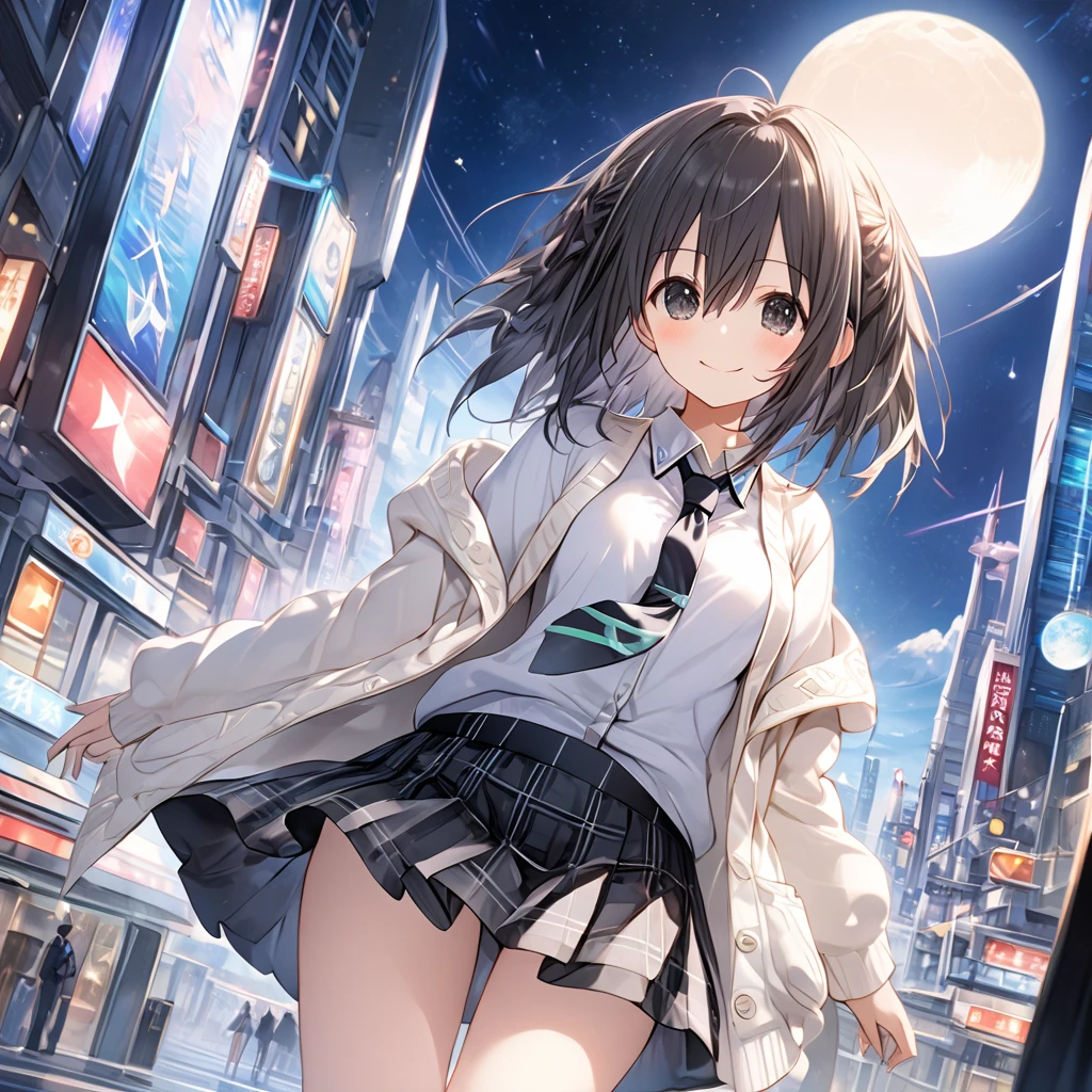 ( 1 girl),Green \(Neptunia )\, black hair, black eyes,smile, blush、short hair, (long sidelocks:1.5), (White cardigan:1.5)、(Regular necktie:1.5)、( black plaid mini skirt:1.5)、(Thighs:1.5),(bridal garter:1.５),arms behind back、Futuristic city、white full moon、star　Night Sky、front、( perfect anatomy ),( best quality), ( ultra hi-res), (超 high definition ), ( Highly Detailed CG), (32K), (masterpiece)、eyesHD