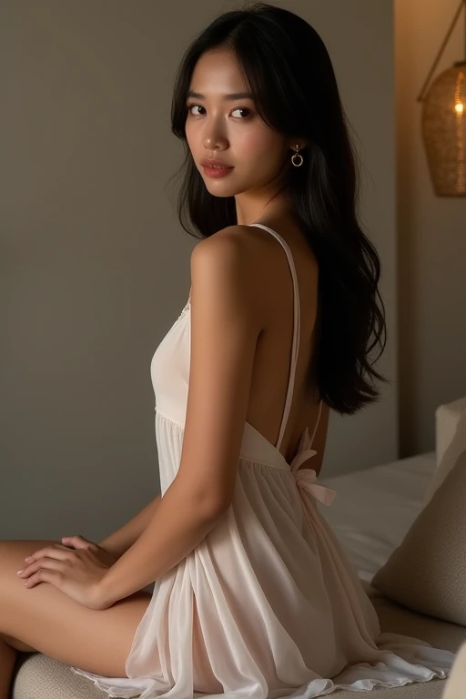 "Create a realistic image of a young woman with brown eyes and medium black hair (the previously generated woman). She should have a sophisticated and natural appearance., with pink lips and light makeup. Her look must be striking, with a confident and attractive expression. The outfit should be an elegant top that highlights the contours of the body in a subtle and stylized way., ideal for a profile picture. she is sitting on the bed, with natural light gently illuminating the environment, creating a welcoming and refined atmosphere. The setting should reflect a personal and well-kept space., with subtle details that add to its charm and elegance."