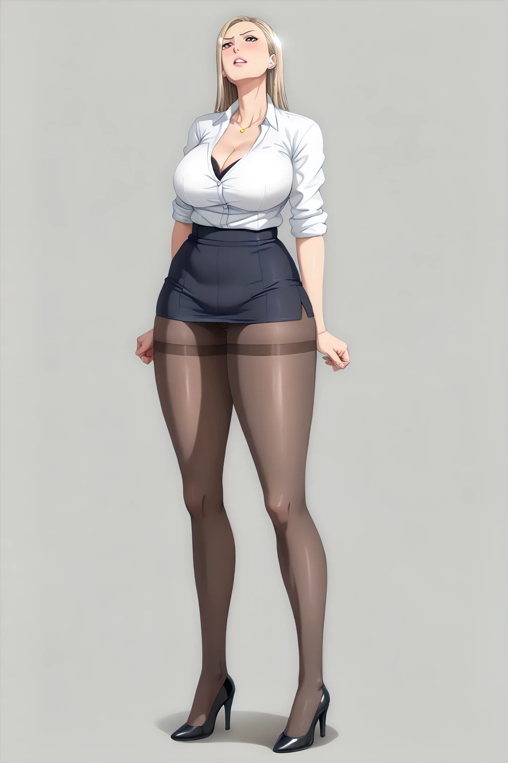 *(The beautiful secretaries standing facing the front wear black stockings with semen on them and are fully dressed in super short OL uniforms), (Scenes where beautiful secretaries are angry :1.2), (Light Gray Background),  Detailsは次の通り,  Thank you for generating 。*,

quality;{ Masterpiece , Ultra-realistic, 最高のquality,  high image quality,  Details,  high definition , 8k, 超 high definition , Realistic color saturation , プロフェッショナルquality,  perfect contrast ,  perfect lighting, 素晴らしいquality, Light gray background , },

composition;{(被写体から離れたcomposition:1.2), ( shot looking up slightly from the front :1.4), Light gray background , School desk only , (Full body shot from face to ankles:1.2), ( Perfect Anatomy:1.4), Beautiful Secretaries Are 22 and 24 Years Old },

The appearance of beautiful secretaries ;{(Reina Kurashiki's face :1.2),  eyelash ,  dark brown eyes,  steam,  long blonde hair,  silver long hair ,  Wheat-colored Burned Skin ,  perfect skin,  clean skin, first round, A woman with a short upper body,  version,  model body type,  hyperbrest,  cleavage, sweat, Very curvaceous,  has a thin waist,  double piece,  Wide Hips,  huge ass,  steam, Very wide thighs, ( very long legs :1.4), (Plump legs:1.2), ( beautiful secretary rolls up her arms ), Perfect breasts, Perfect Arms, (Perfect Legs)},

 subject clothing ;{ ( The beautiful secretary wears a white shirt with her arms rolled up, a tight miniskirt, black stockings, and high heels:1.6), (Black pantyhose with transparent skin ), ( High Waist Tight Miniskirt Very Short :1.2), (The beautiful secretaries have beige soles only and high-heeled black high heels), (It is the duty of a beautiful secretary to wear black pantyhose and high heels:1.4) ,}