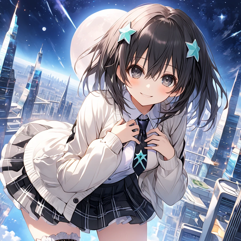 ( 1 girl),Green \(Neptunia )\, black hair, black eyes,smile, blush、short hair, (long sidelocks:1.5), (White cardigan:1.5)、(Regular necktie:1.5)、( black plaid mini skirt:1.5)、(Thighs:1.5),(bridal garter:1.５),hands on own chest、Futuristic city、white full moon、star　Night Sky、front、( perfect anatomy ),( best quality), ( ultra hi-res), (超 high definition ), ( Highly Detailed CG), (32K), (masterpiece)、eyesHD