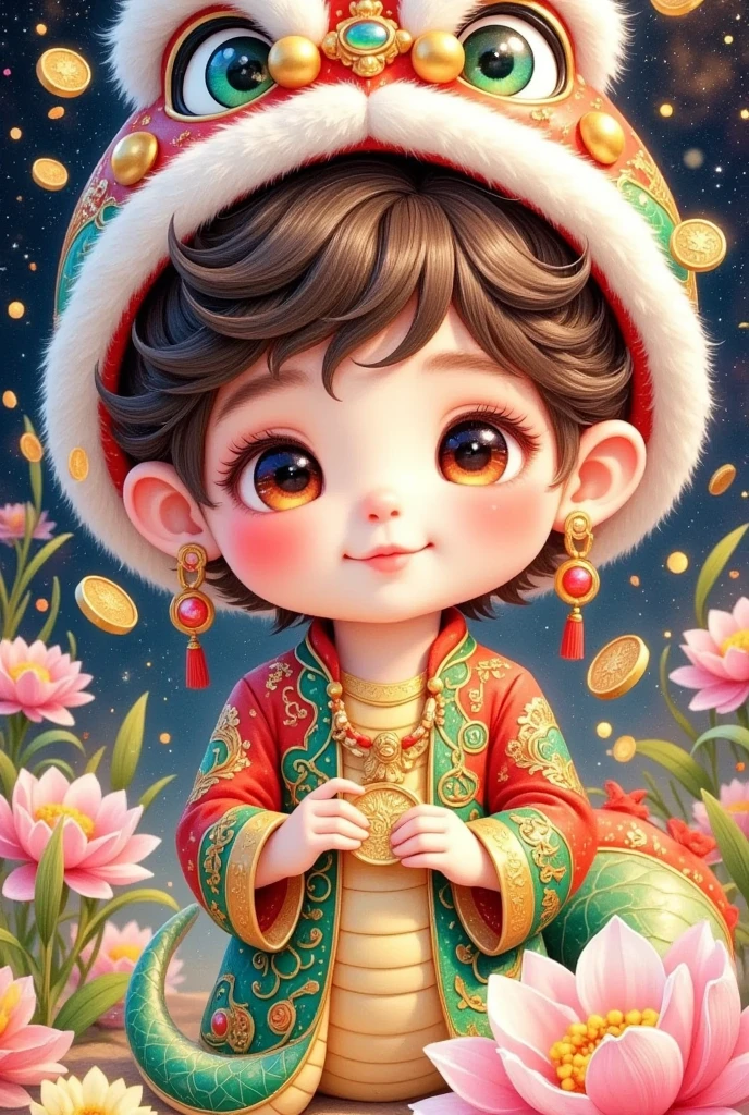 (Closeup of a beautiful boy wearing a Chinese lion hat)， cute faces，Open your arms，Snake Body，A snake tail in the back， Rain of coins in the air。Flowers，Cute and lovely