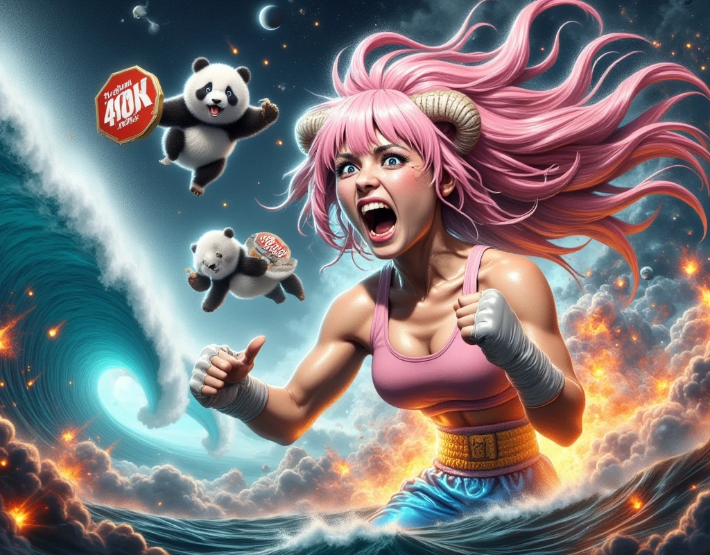 (( super high resolution , masterpiece,  more,   high detail ,  top quality,   high resolution icons floating in the deep sea)),  Muay Thai Fighter,  (1 Female,   long fluffy pink hair , Sheep&#39;s round horns,  pink tank top ,  sky blue boxer shorts,  wrapping a vantage around their fist ), 3 man-eating pandas holding placards "40k thanks"