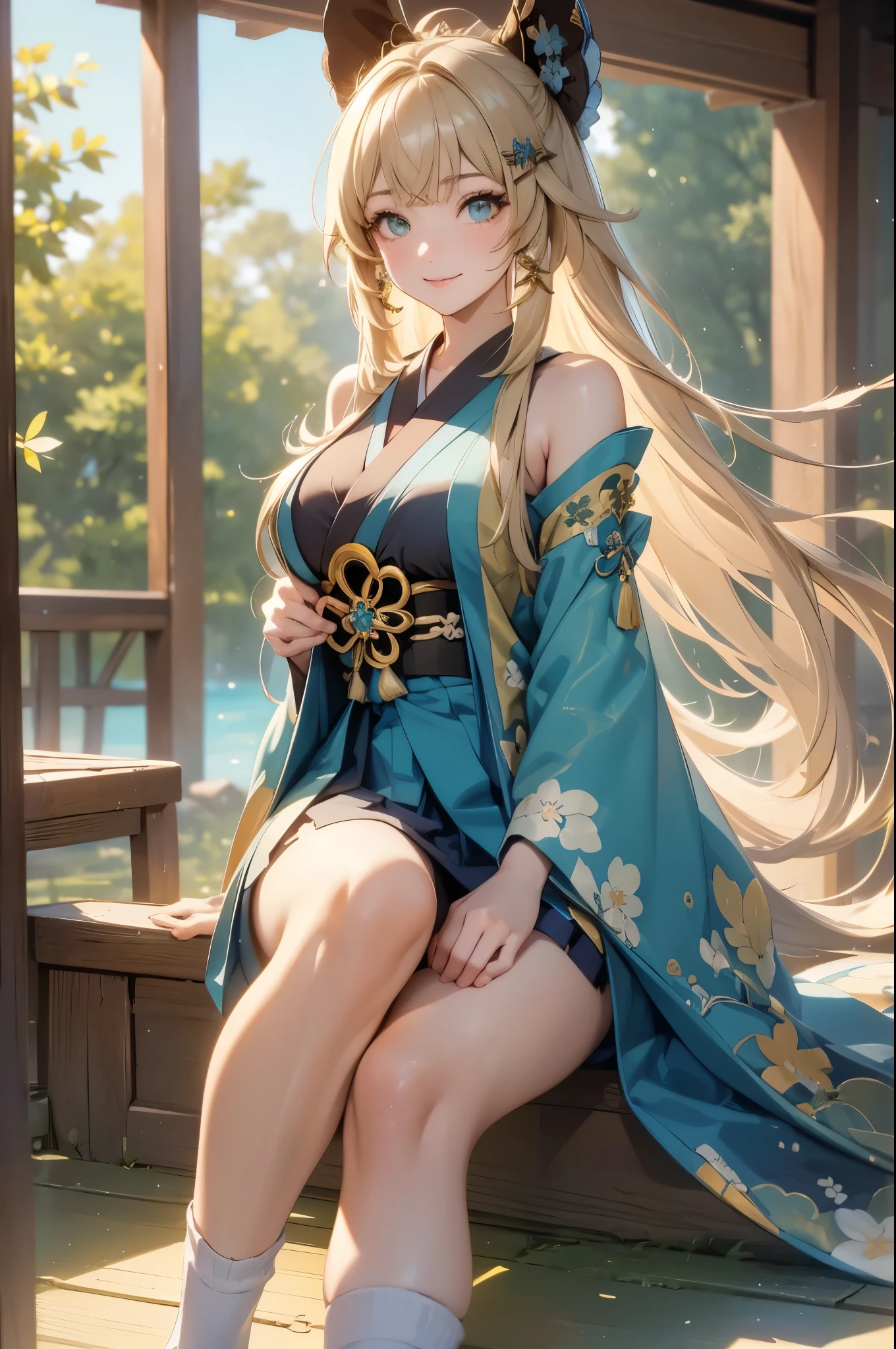 ((kiraradef)):1.5,((masterpiece,highest quality,Highly detailed images,Beautiful images))(kirara images,Japanese garden、Ornamental pond、Fun pose、Bright natural light throughout、Backlight、A fantastic atmosphere、Dust flutters)1.3,(kirara:Full body image)、(large breasts、sideboob, Exposing shoulders、Exposing your belly):1.2(smile)1.1(Remodeling Kimono、Separate top and bottom、Knee-high socks、Absolute area)
