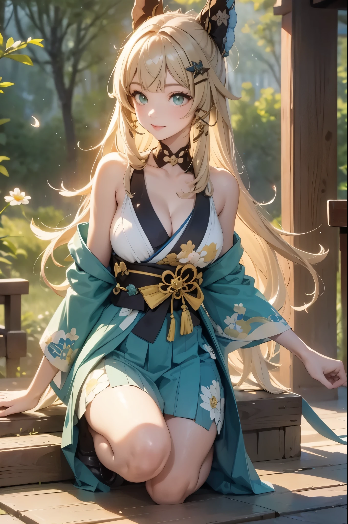 ((kiraradef)):1.5,((masterpiece,highest quality,Highly detailed images,Beautiful images))(kirara images,Japanese garden、Ornamental pond、Fun pose、Bright natural light throughout、Backlight、A fantastic atmosphere、Dust flutters)1.3,(kirara:Full body image)、(large breasts、sideboob, Exposing shoulders、Exposing your belly):1.2(smile)1.1(Remodeling Kimono、Separate top and bottom、Knee-high socks、Absolute area)
