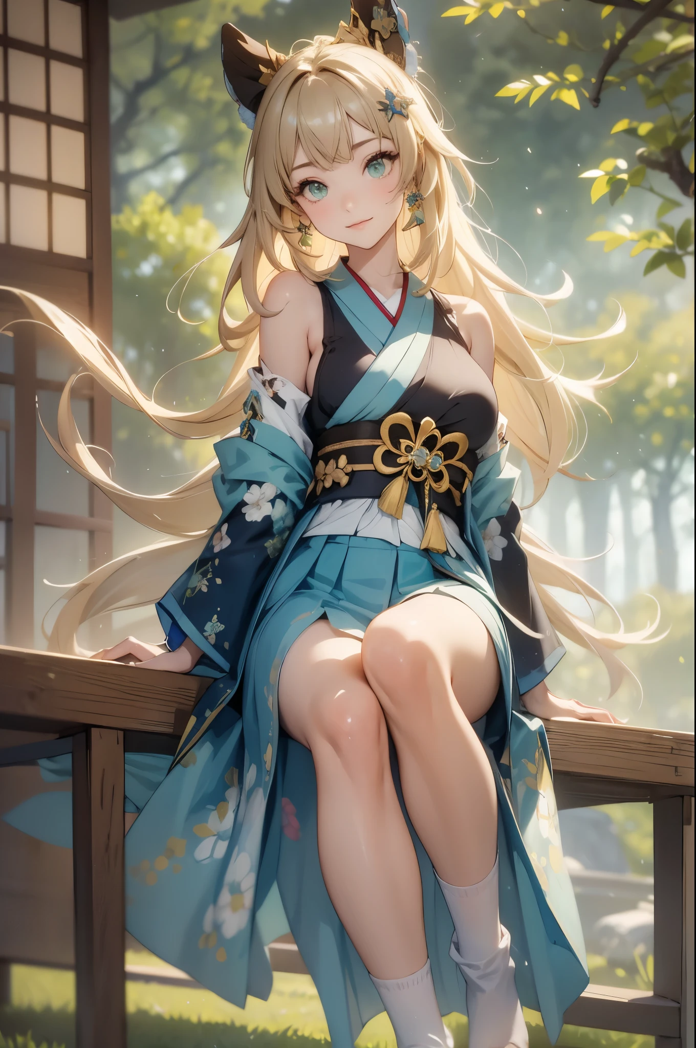 ((kiraradef)):1.5,((masterpiece,highest quality,Highly detailed images,Beautiful images))(kirara images,Japanese garden、Ornamental pond、Fun pose、Bright natural light throughout、Backlight、A fantastic atmosphere、Dust flutters)1.3,(kirara:Full body image)、(large breasts、sideboob, Exposing shoulders、Exposing your belly):1.2(smile)1.1(Remodeling Kimono、Separate top and bottom、Knee-high socks、Absolute area)
