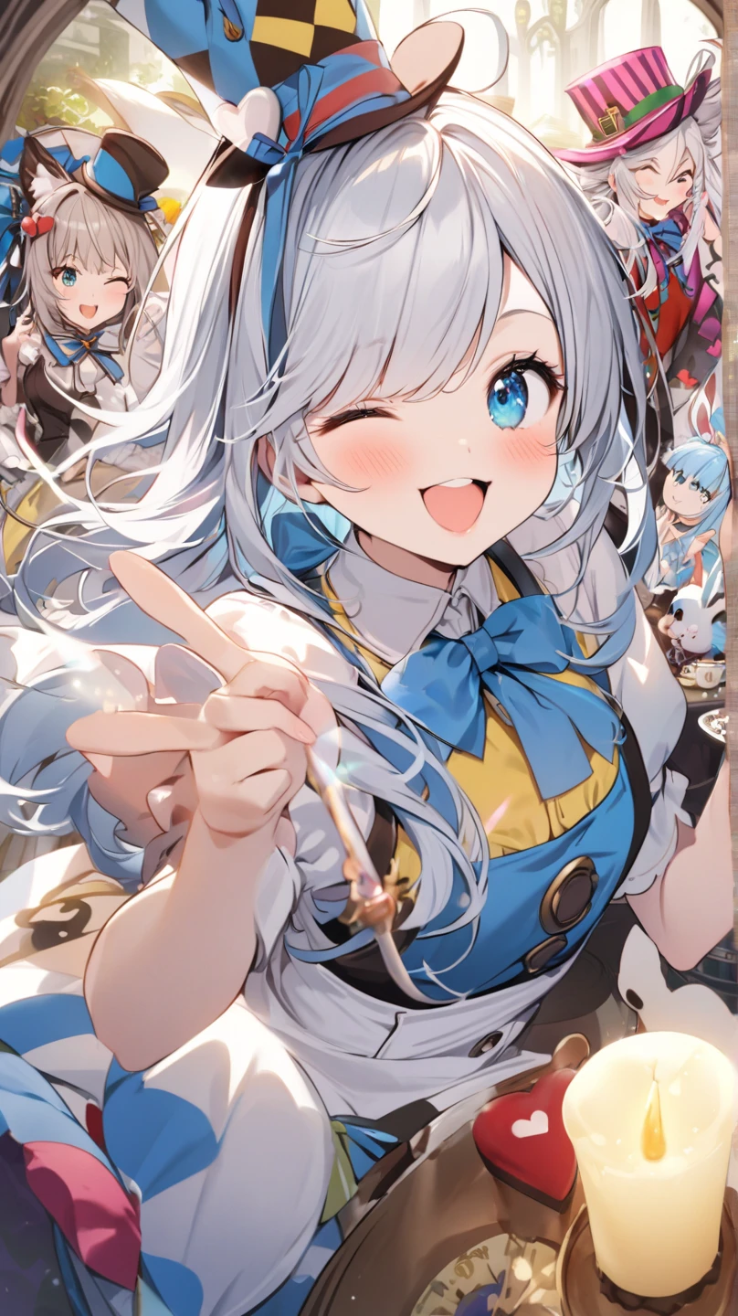 ( cute) Alice in Wonderland、 best quality 、heart、smile、beautiful、 Silver Hair、 winks( close one eye)、Ribbon on head( blue ribbon、Stand tall)、 Light Shines In 、beautiful fingers、 Alice in Wonderland(Guide Rabbit、Mad Hatter、 cheshire cat 、The Queen of Hearts)
