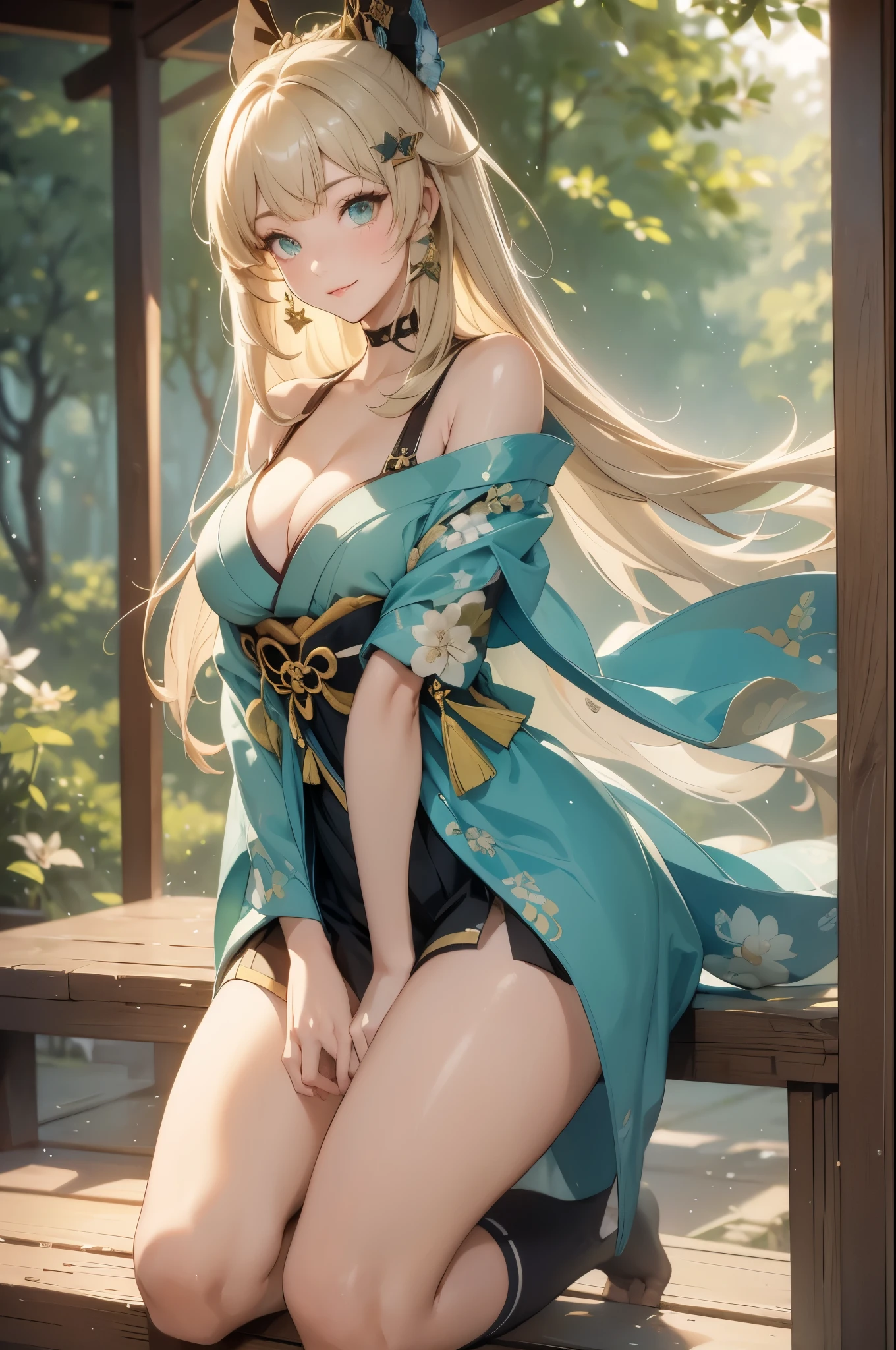 ((kiraradef)):1.5,((masterpiece,highest quality,Highly detailed images,Beautiful images))(kirara images,Japanese garden、Ornamental pond、Fun pose、Bright natural light throughout、Backlight、A fantastic atmosphere、Dust flutters)1.3,(kirara:upper body image)、(large breasts、sideboob, Exposing shoulders、Exposing your belly):1.2(smile)1.1(Remodeling Kimono、Separate top and bottom、Knee-high socks、Absolute area)
