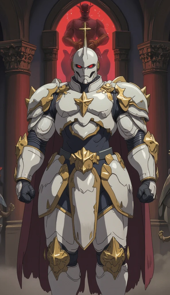  is possessed by a demon, a holy knight commander.A full-body image of an adult male . muscular body .Wear white gold holy knight armor. Eyes Deep Red . standing inside a mysterious black and red church.Bold composition 