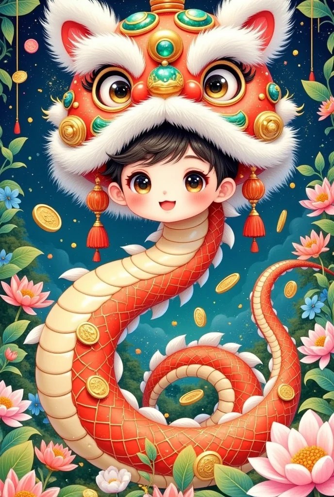 (美丽的男孩头上戴着中国lion hat特写)，lion hat， cute faces，Open your arms，Snake Body，A snake tail in the back， Rain of coins in the air。Flowers，