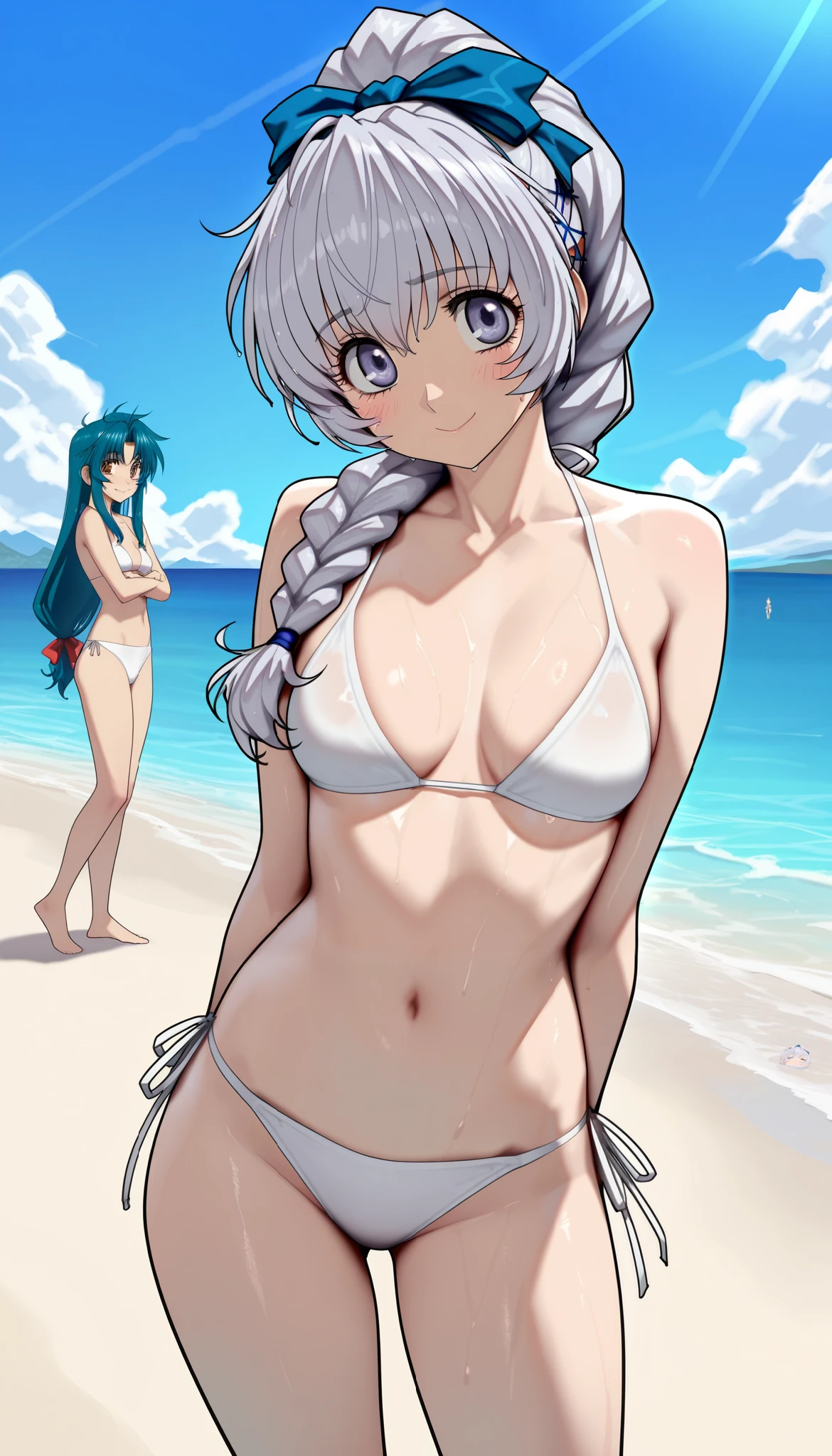 NSFW,masterpiece,Highest quality,High resolution,Very detailed,Sinon\(Sword Art Online\),(High quality sexy halter neck micro bikini), hair ornaments, Hair Clip,Expectant face,Estrus,sexual excitement,blush,Ocean,Beach,Palm tree,Rock Shade,(Middle-aged men),(Have sex),heart,(Brown Skin),(Sex slave)