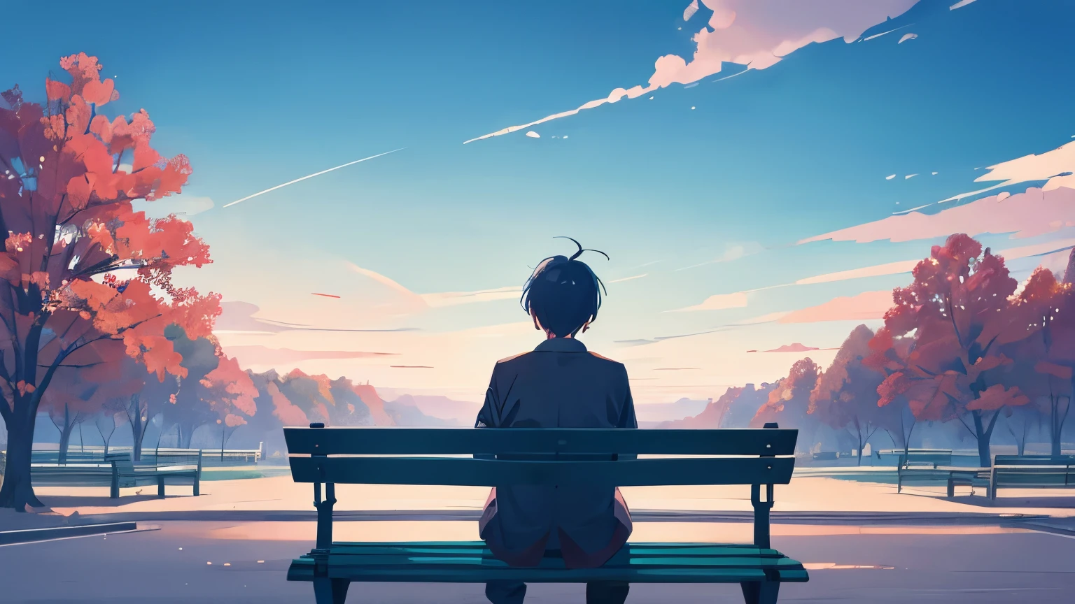 A person who leaves his body on a park bench 、 looks up at the sky with a lonely expression。 back view