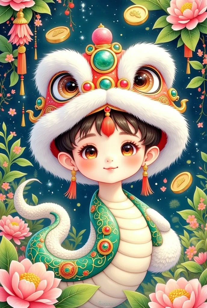 (美丽的男孩头上戴着中国lion hat特写)，lion hat， cute faces，Open your arms，Snake Body，A snake tail in the back， Rain of coins in the air。Flowers，